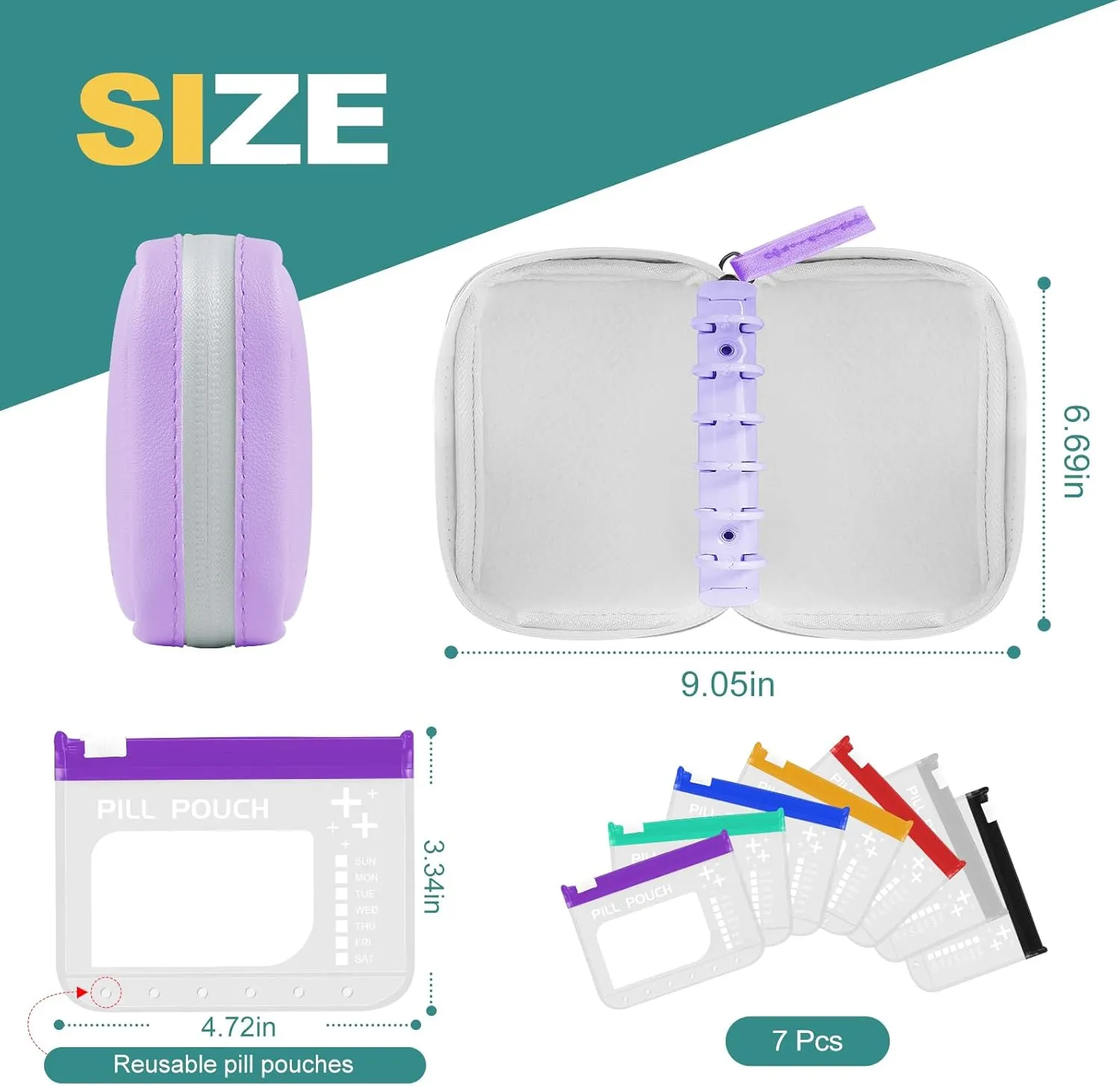 A7-L Timueetech Water-Proof Pill Pouch Set, BPA Free, A7-L Pill Loose-Leaf Storage with Color-Coded Medicine Pouches, Large Reusable Travel Medicine Organizer， Zippered Pill Organizers Weekly
