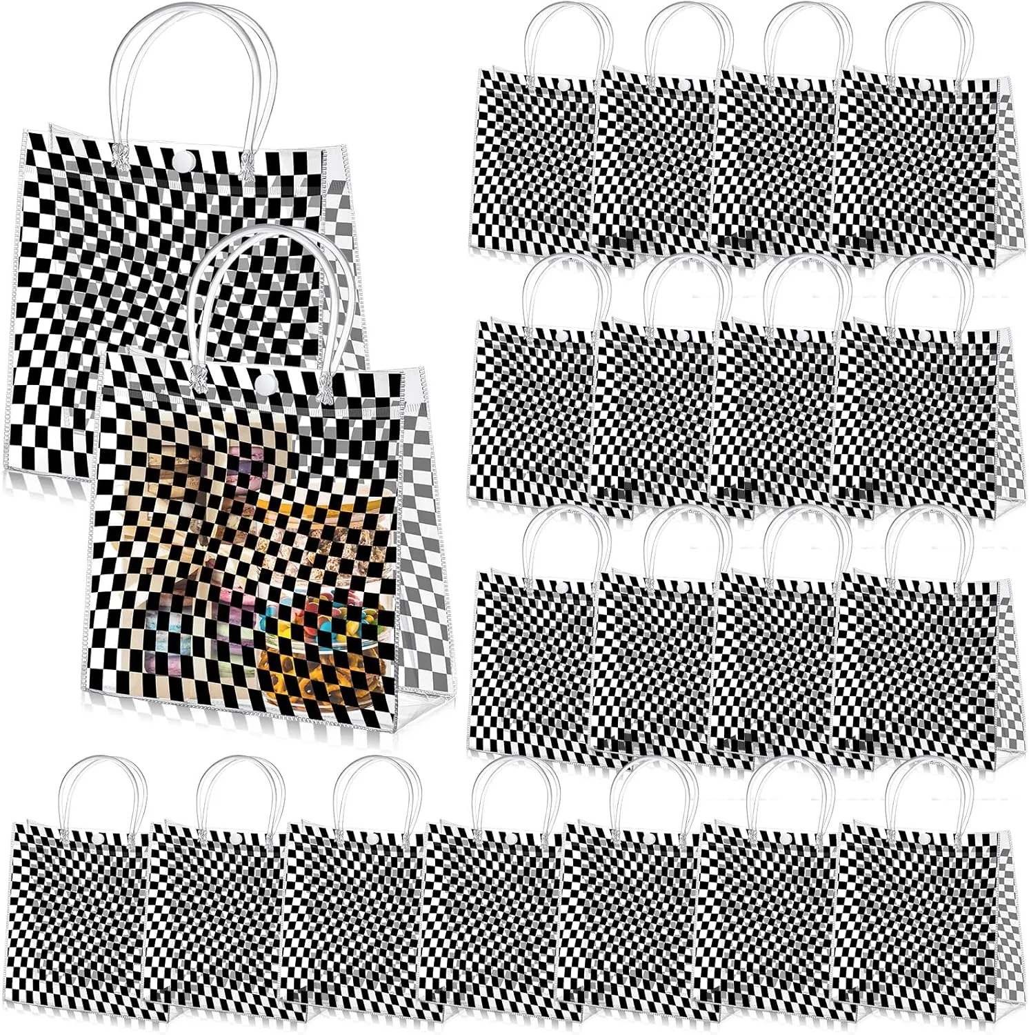 Abbylike 24 Pcs Checkered Race Car Clear PVC Gift Bag with Handles Party Favor Bag Candy Gift Treat Bags for Sports Theme Party Decorations Game Celebration Supplies Birthday Decorations