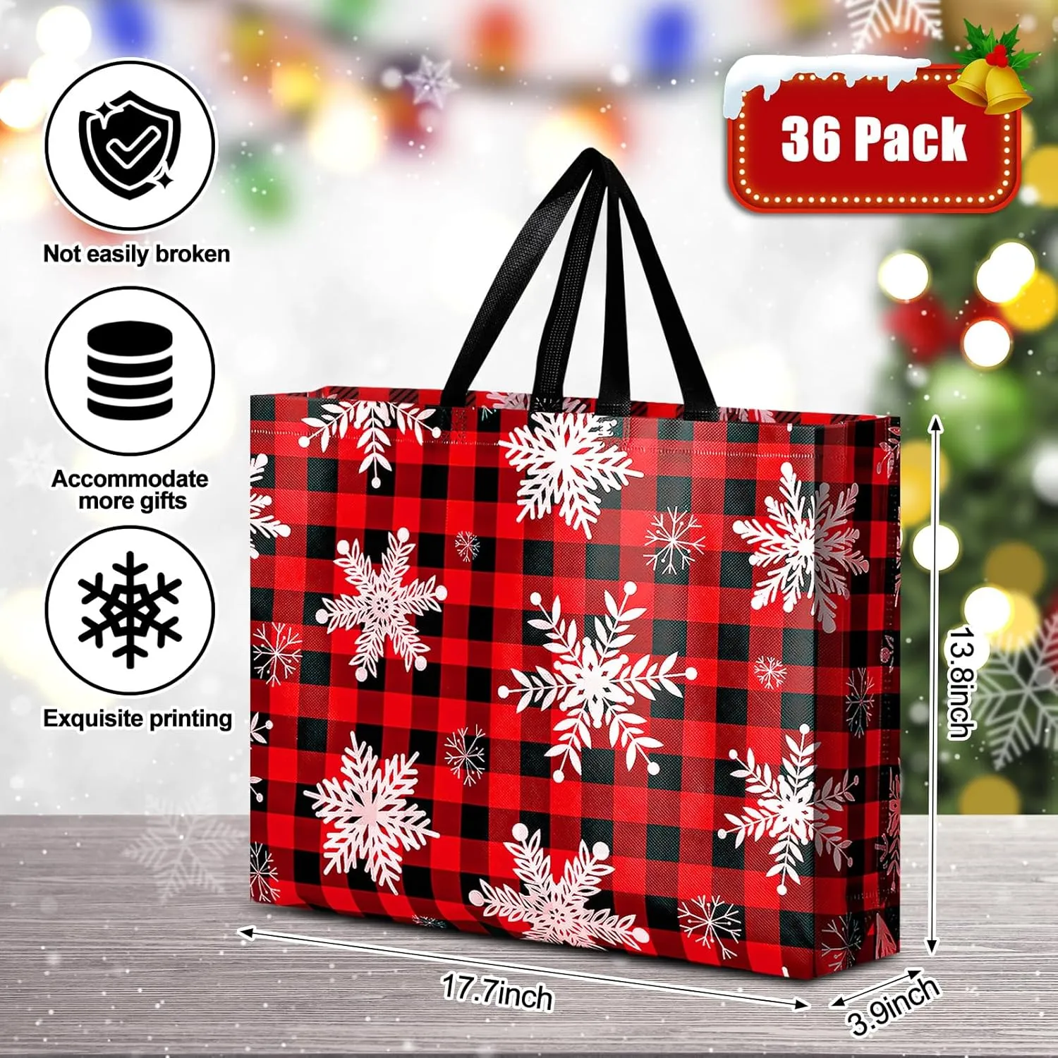 Abbylike 36 Pcs Reusable Christmas Large Gift Bags Bulk Xmas Holiday Plaid Tote Shopping Bags with Handles