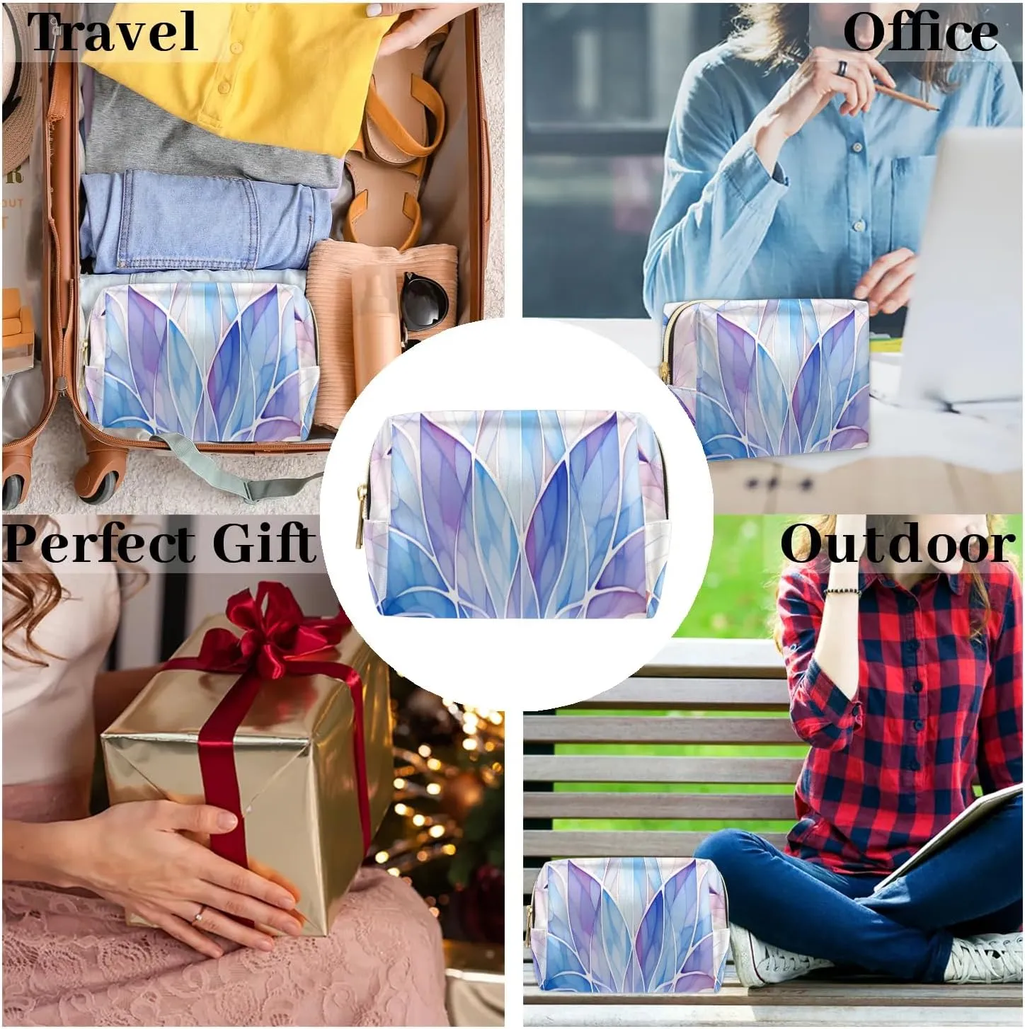 Abstract Beauty Boho Printings Travel Makeup Bag for Women, PU Leather Waterproof Checkered Cosmetic Bags Large Make up Bag Zipper Pouch
