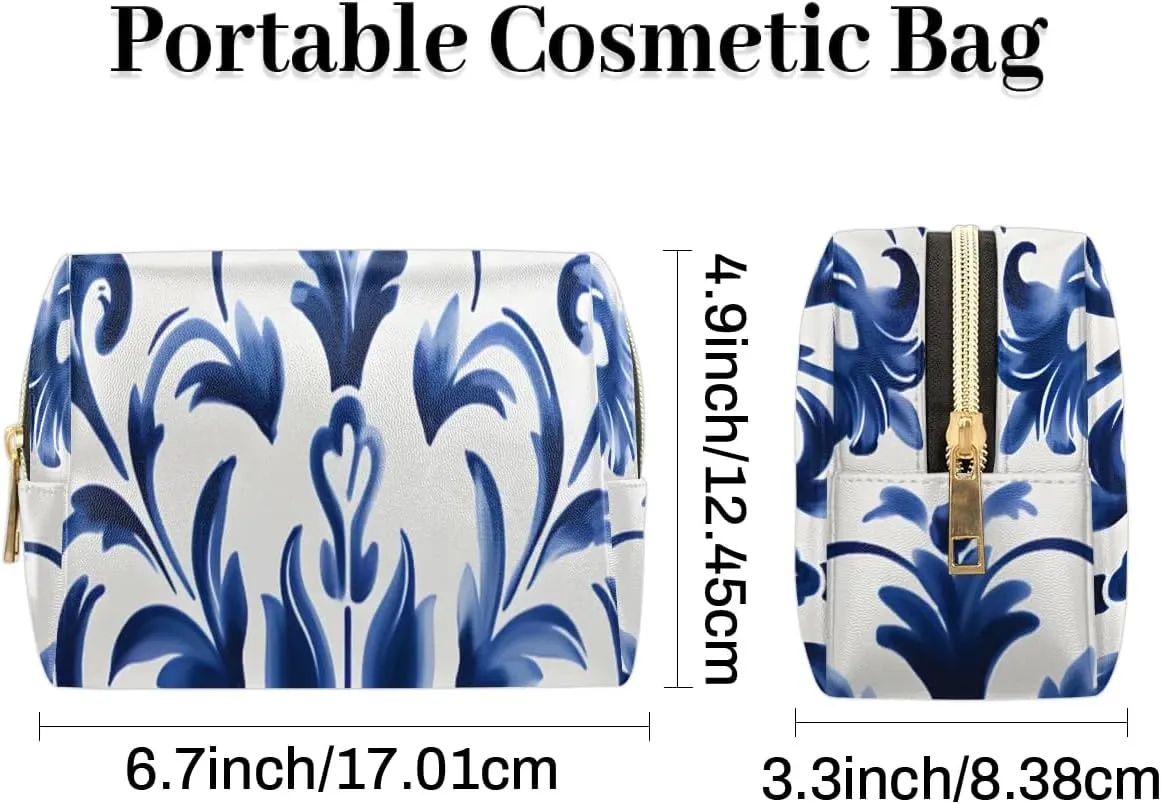 Abstract Flora Print Boho Travel Makeup Bag for Women, PU Leather Waterproof Checkered Cosmetic Bags Large Make up Bag Zipper Pouch