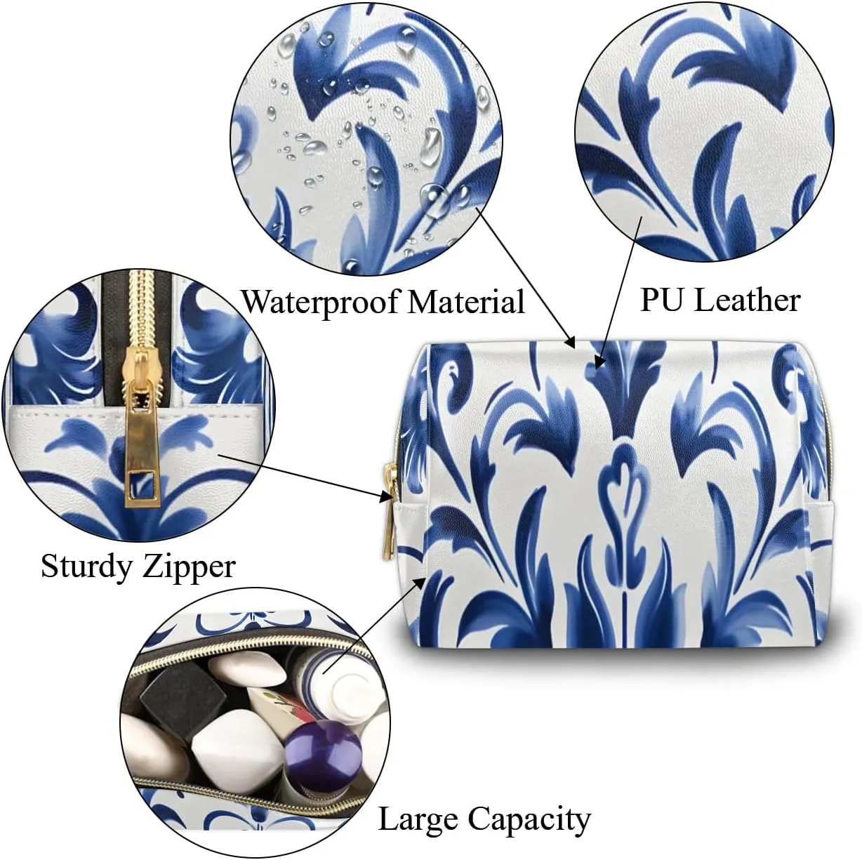 Abstract Flora Print Boho Travel Makeup Bag for Women, PU Leather Waterproof Checkered Cosmetic Bags Large Make up Bag Zipper Pouch