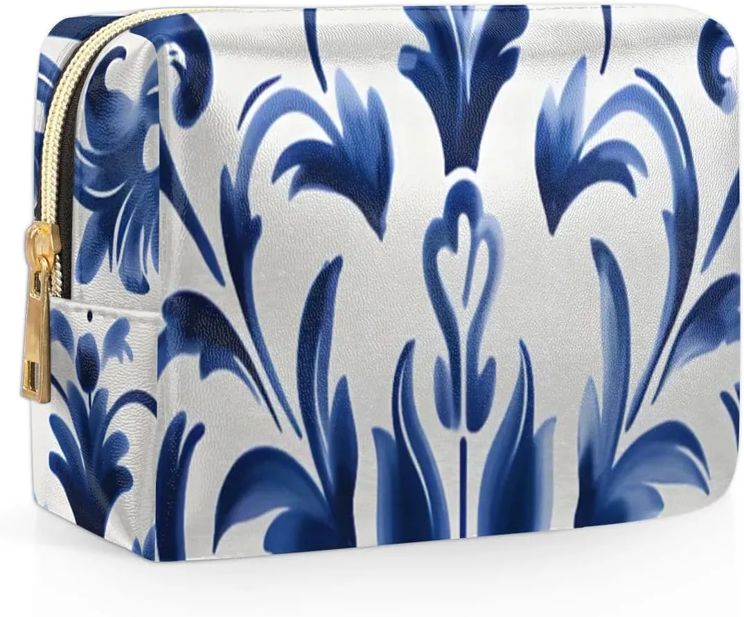 Abstract Flora Print Boho Travel Makeup Bag for Women, PU Leather Waterproof Checkered Cosmetic Bags Large Make up Bag Zipper Pouch