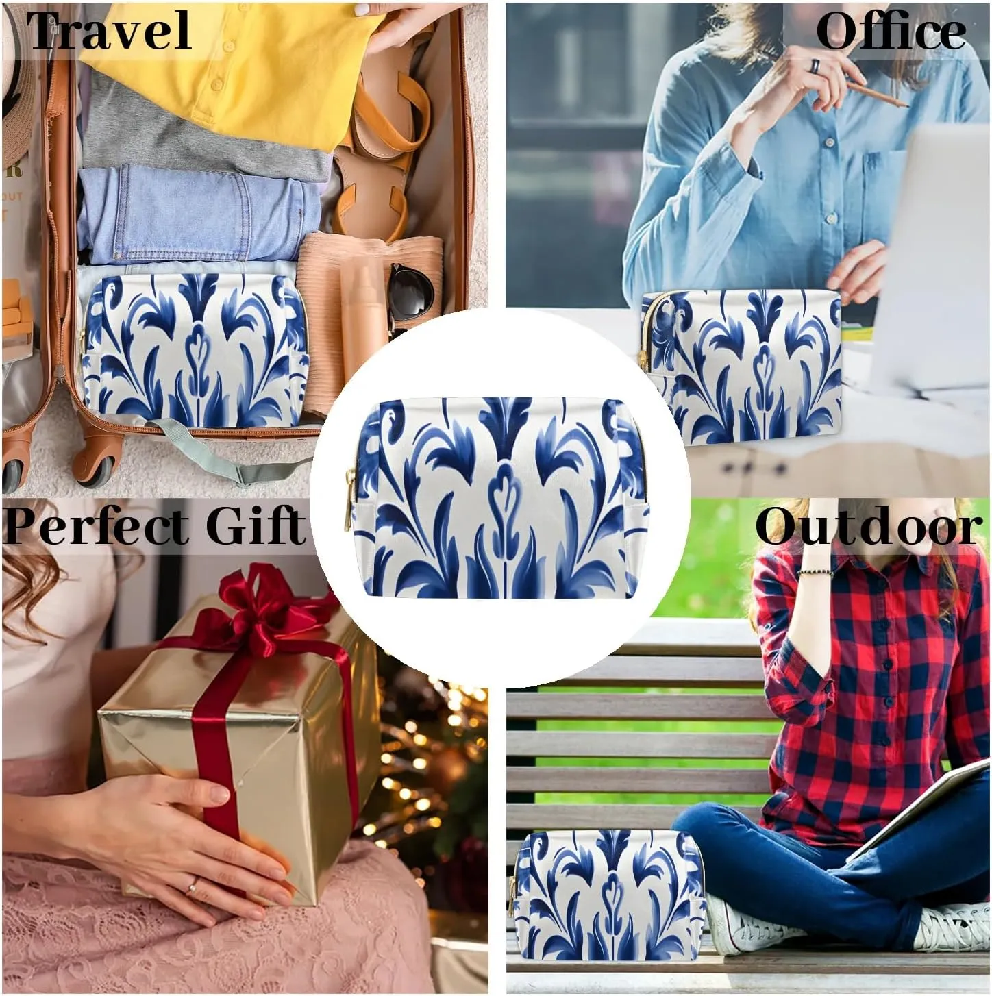 Abstract Flora Print Boho Travel Makeup Bag for Women, PU Leather Waterproof Checkered Cosmetic Bags Large Make up Bag Zipper Pouch