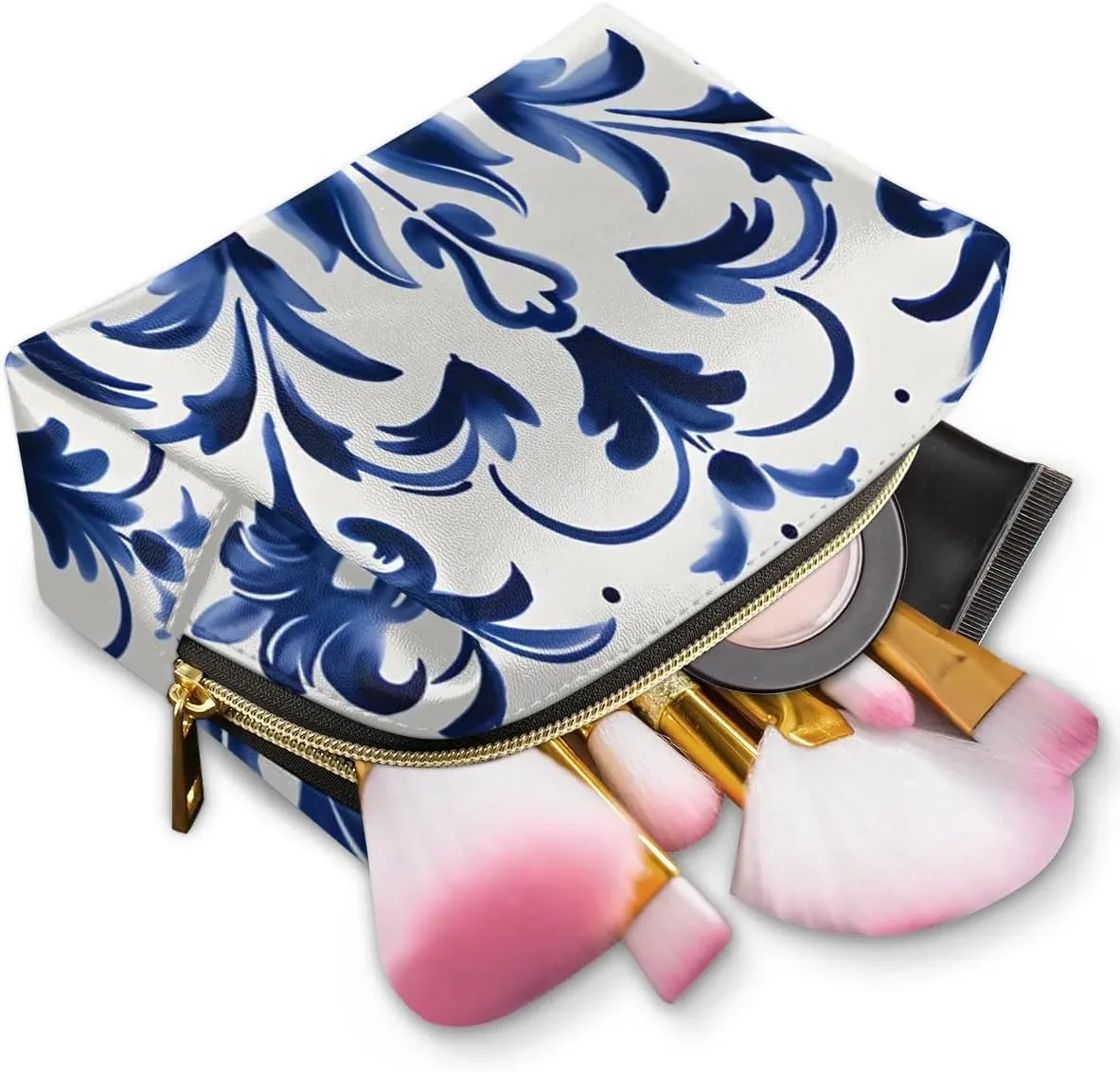 Abstract Flora Print Boho Travel Makeup Bag for Women, PU Leather Waterproof Checkered Cosmetic Bags Large Make up Bag Zipper Pouch