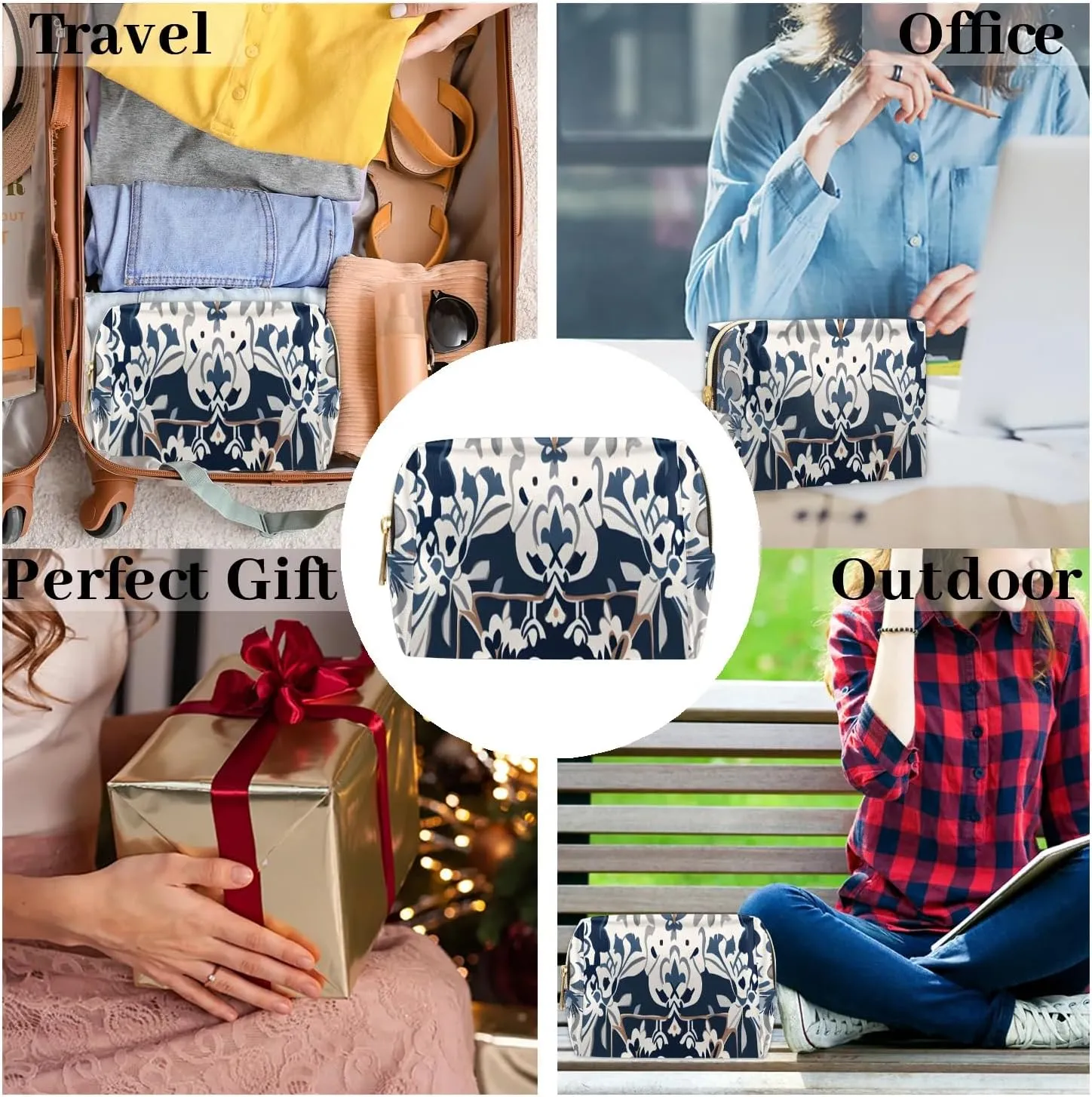 Abstract Pattern Boho Flora Retro Travel Makeup Bag for Women, PU Leather Waterproof Checkered Cosmetic Bags Large Make up Bag Zipper Pouch