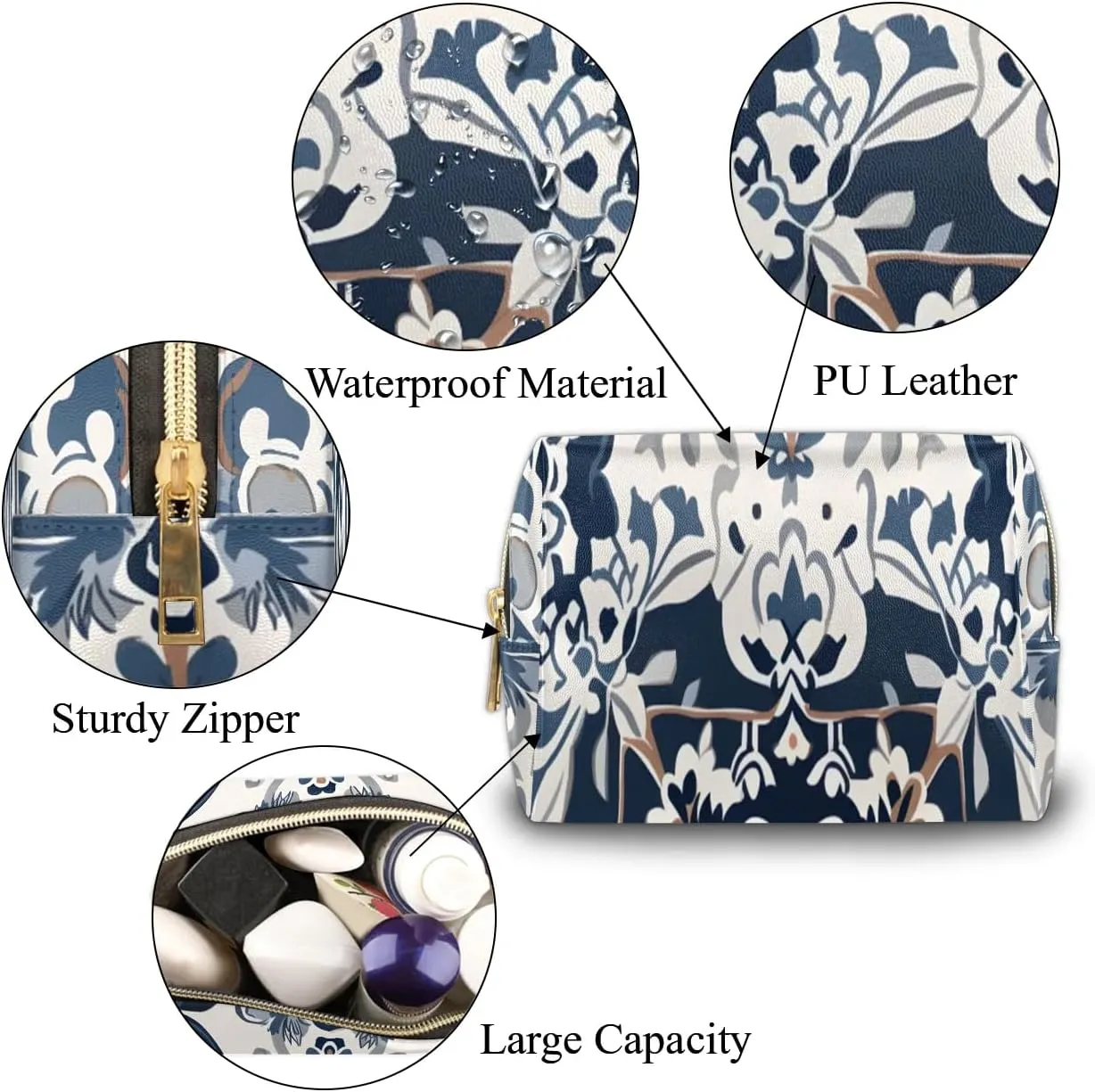 Abstract Pattern Boho Flora Retro Travel Makeup Bag for Women, PU Leather Waterproof Checkered Cosmetic Bags Large Make up Bag Zipper Pouch