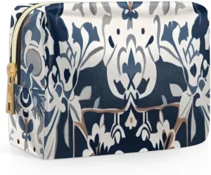 Abstract Pattern Boho Flora Retro Travel Makeup Bag for Women, PU Leather Waterproof Checkered Cosmetic Bags Large Make up Bag Zipper Pouch