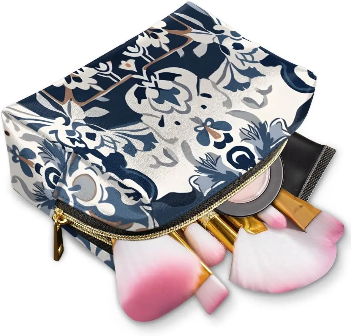 Abstract Pattern Boho Flora Retro Travel Makeup Bag for Women, PU Leather Waterproof Checkered Cosmetic Bags Large Make up Bag Zipper Pouch