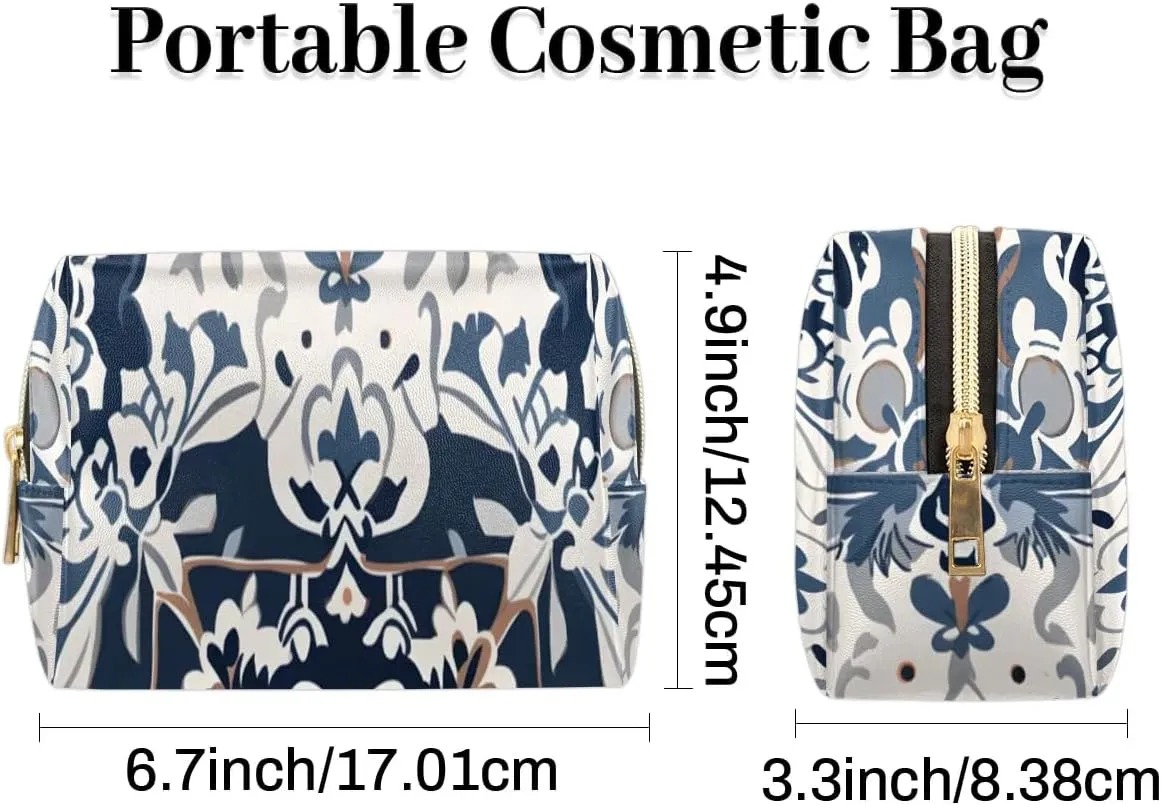 Abstract Pattern Boho Flora Retro Travel Makeup Bag for Women, PU Leather Waterproof Checkered Cosmetic Bags Large Make up Bag Zipper Pouch