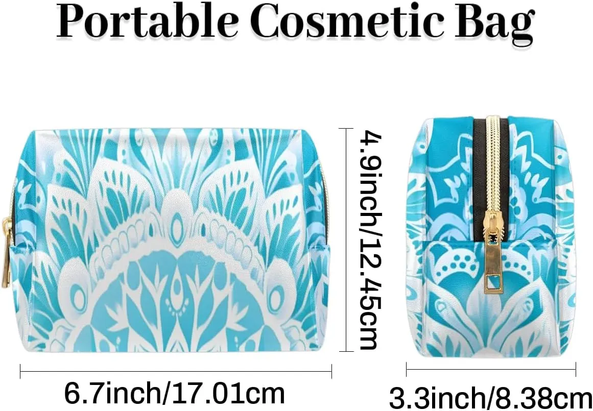 Abstract Printings Boho Flora Travel Makeup Bag for Women, PU Leather Waterproof Checkered Cosmetic Bags Large Make up Bag Zipper Pouch
