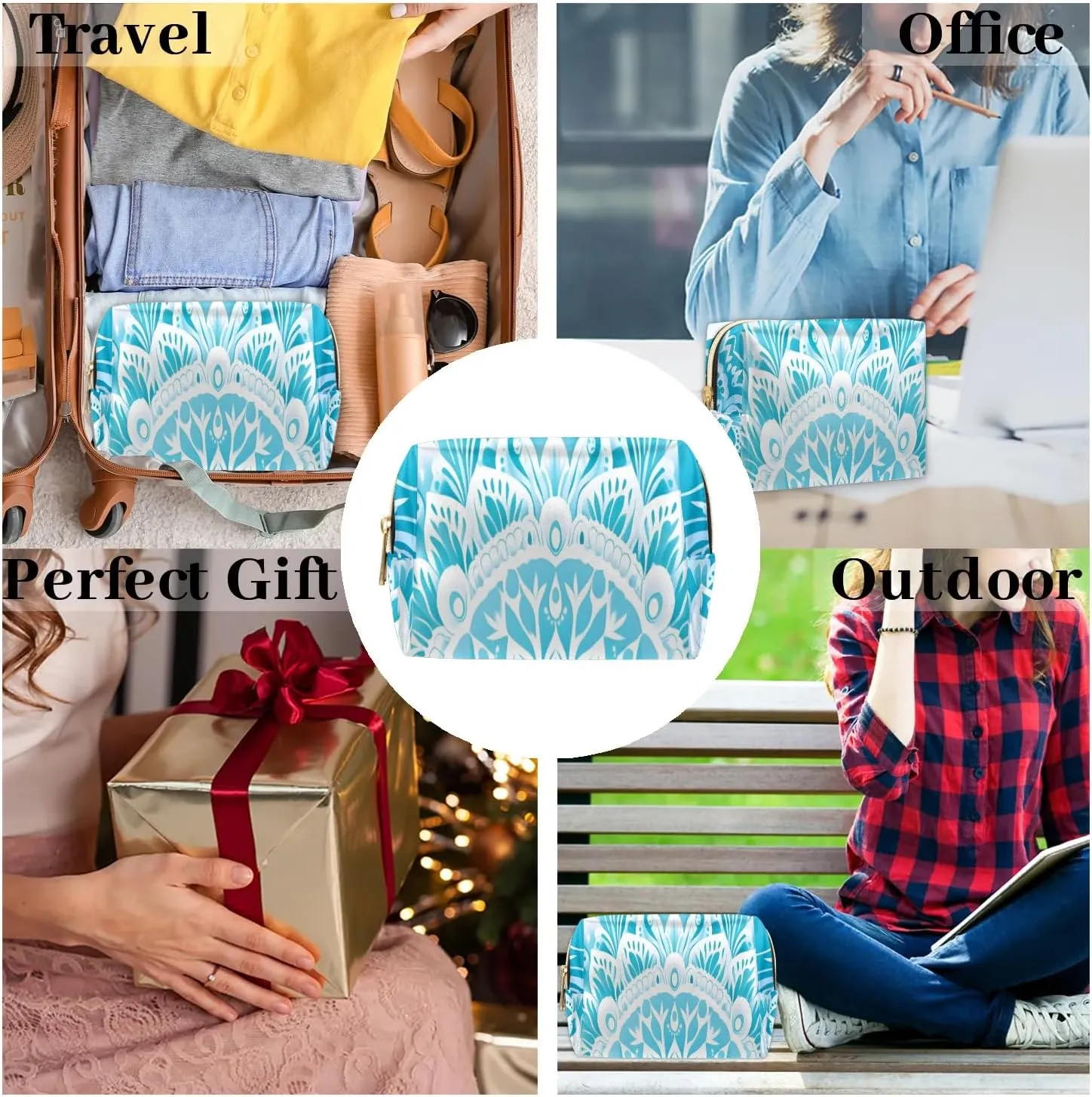 Abstract Printings Boho Flora Travel Makeup Bag for Women, PU Leather Waterproof Checkered Cosmetic Bags Large Make up Bag Zipper Pouch