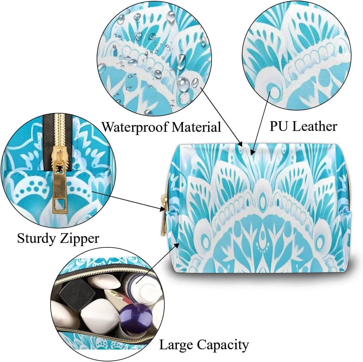 Abstract Printings Boho Flora Travel Makeup Bag for Women, PU Leather Waterproof Checkered Cosmetic Bags Large Make up Bag Zipper Pouch