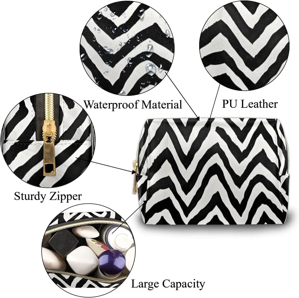 Abstract Streak Pattern Travel Makeup Bag for Women, PU Leather Waterproof Checkered Cosmetic Bags Large Make up Bag Zipper Pouch