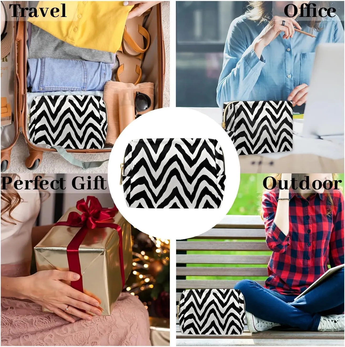 Abstract Streak Pattern Travel Makeup Bag for Women, PU Leather Waterproof Checkered Cosmetic Bags Large Make up Bag Zipper Pouch