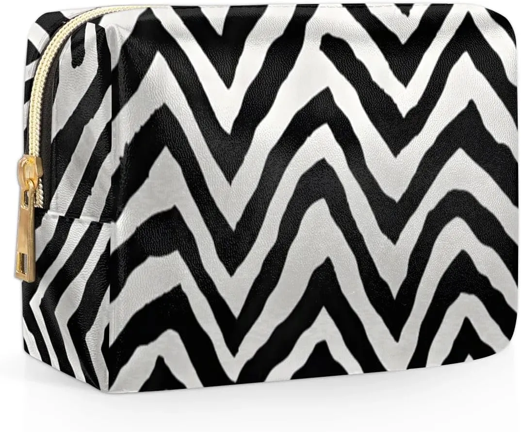 Abstract Streak Pattern Travel Makeup Bag for Women, PU Leather Waterproof Checkered Cosmetic Bags Large Make up Bag Zipper Pouch