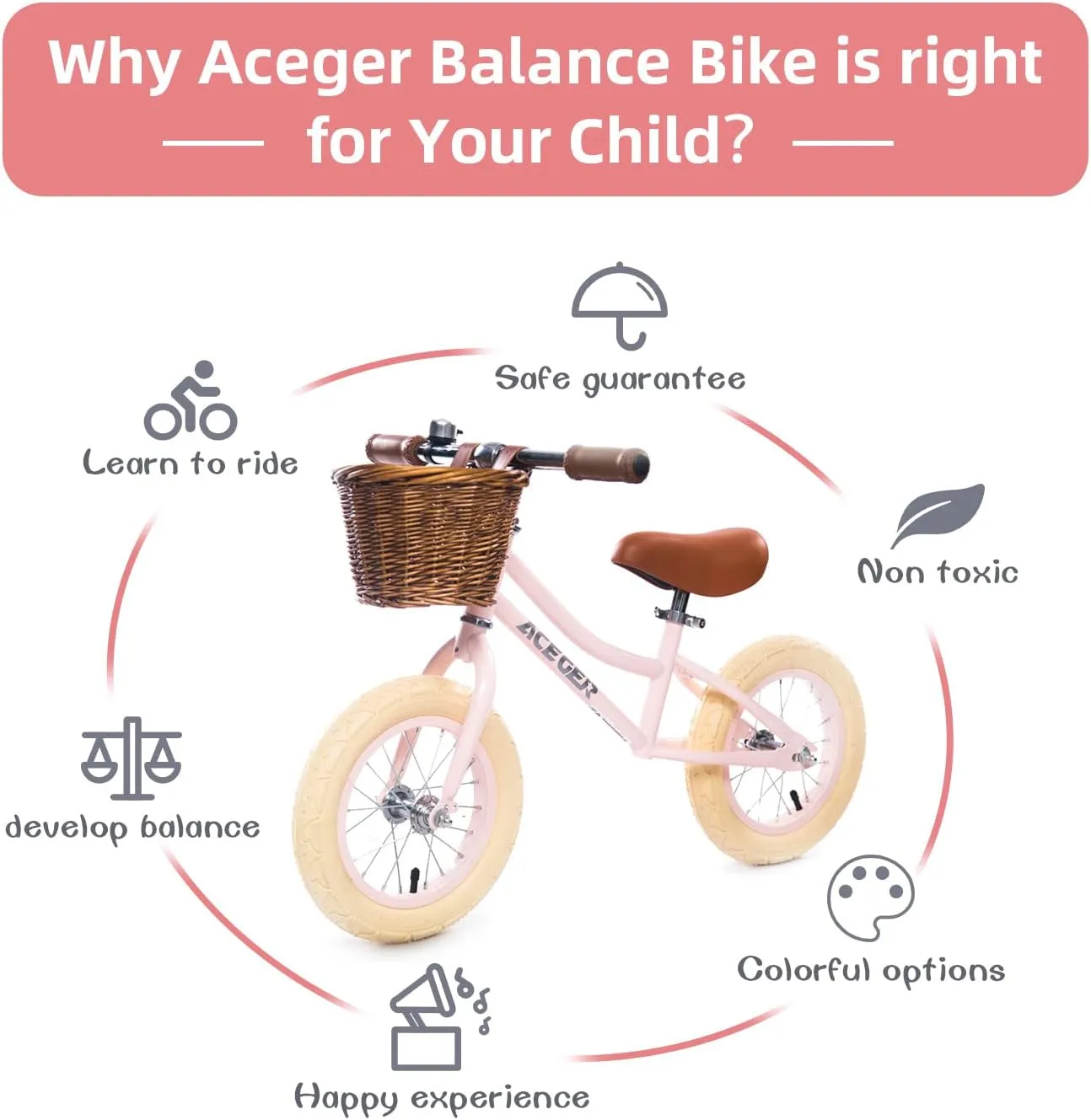 ACEGER 12" Kids Balance Bike with Basket, No Pedal Toddler Bicycle for Early Learning Leg Strength and Steady Balancing, Durable Frame&Tool-Free Adjustable Seat, Gift Bike for 2-5 Kids