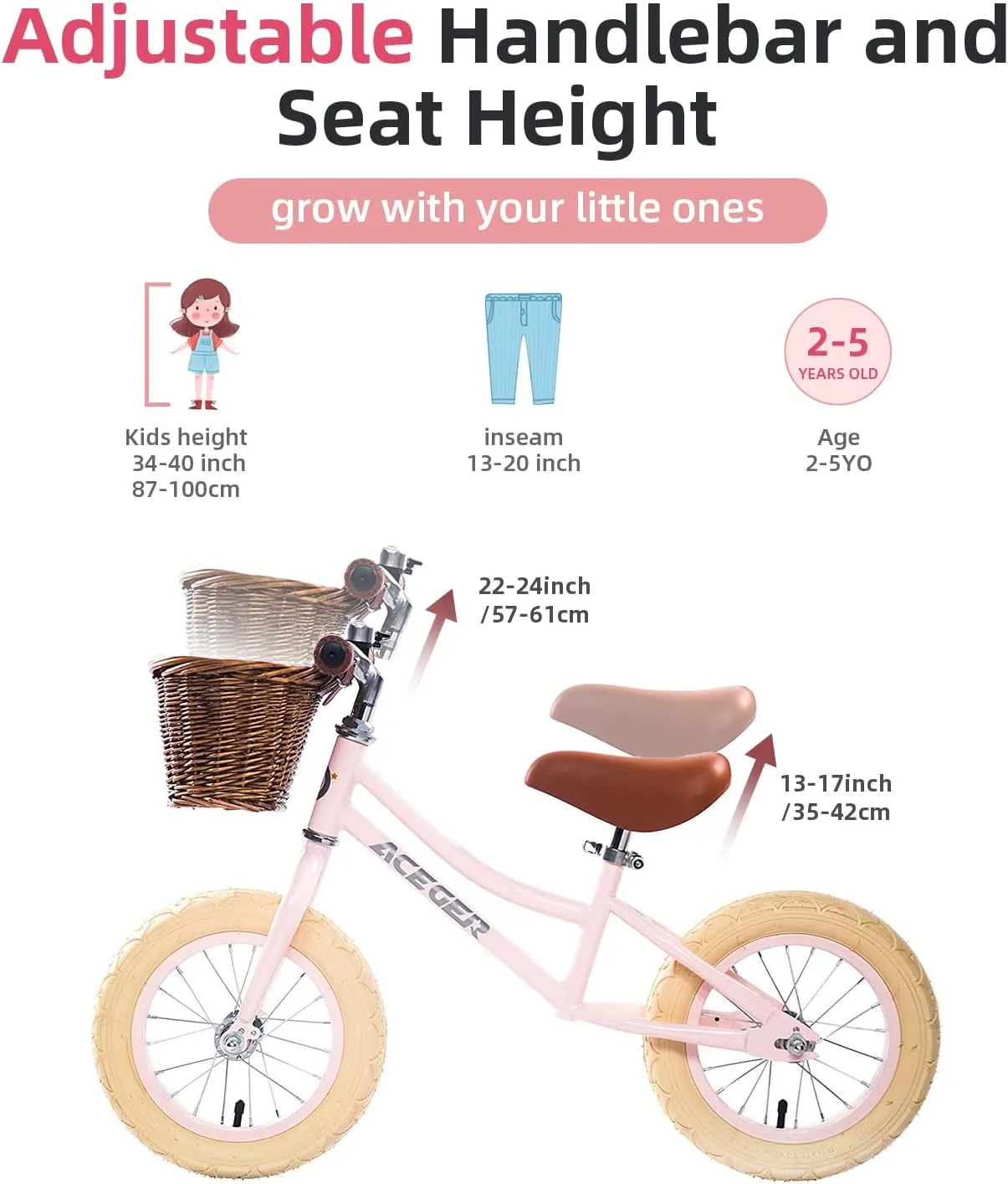 ACEGER 12" Kids Balance Bike with Basket, No Pedal Toddler Bicycle for Early Learning Leg Strength and Steady Balancing, Durable Frame&Tool-Free Adjustable Seat, Gift Bike for 2-5 Kids