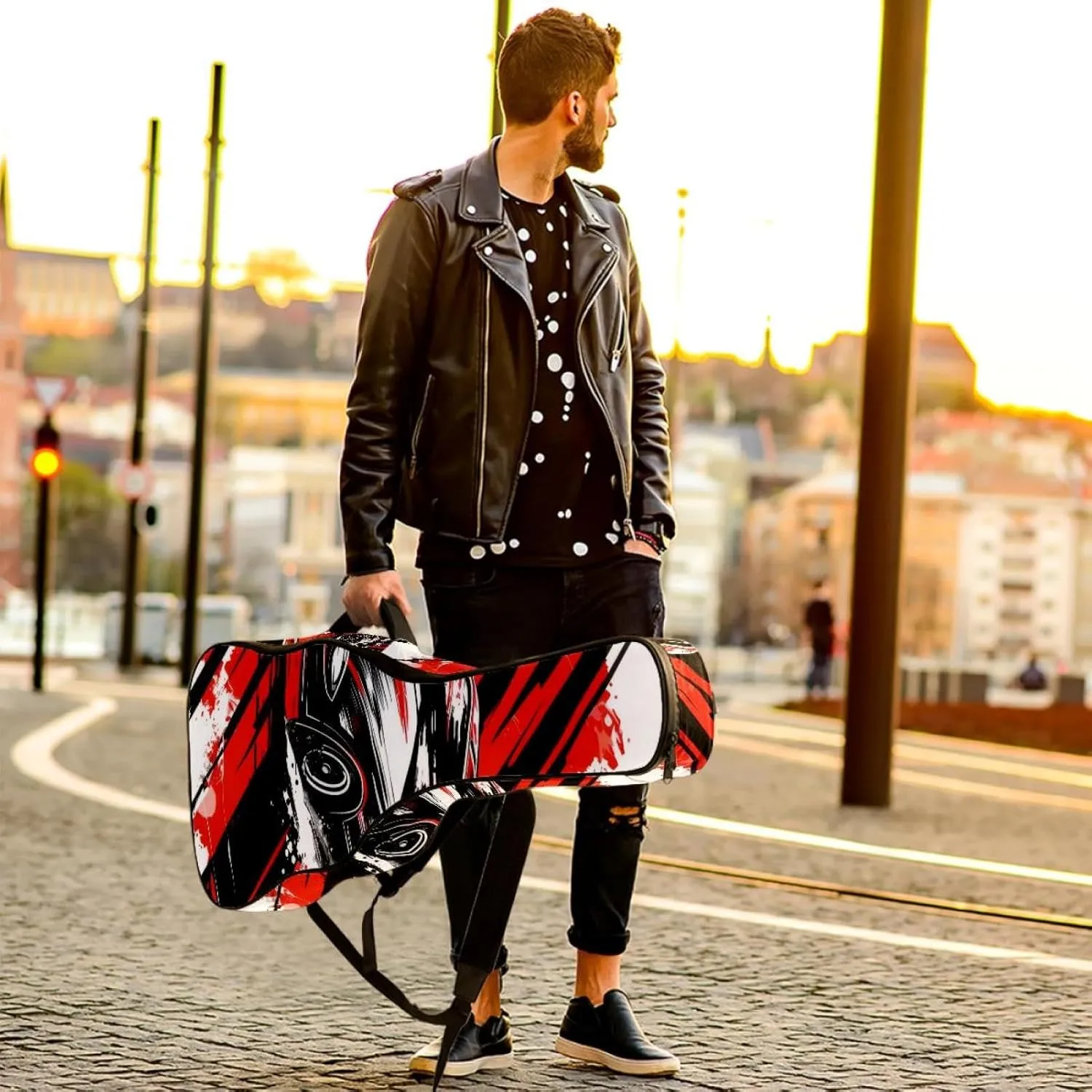 Acoustic Guitar Bag 1 cm Thick Padding, Waterproof Oxford Cloth Guitar Bag Backpack for 40-42 Inch Electric Bass Classical Guitars, Speeding Racing Car with Checkered Flag Art Pattern