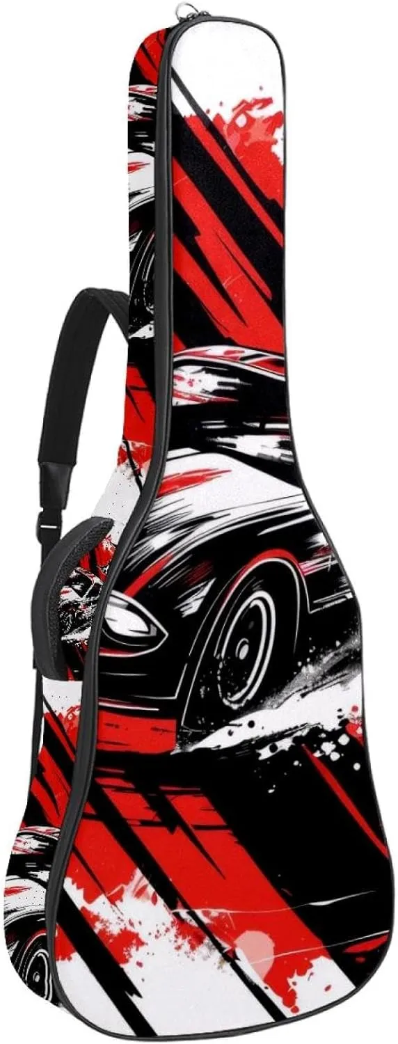 Acoustic Guitar Bag 1 cm Thick Padding, Waterproof Oxford Cloth Guitar Bag Backpack for 40-42 Inch Electric Bass Classical Guitars, Speeding Racing Car with Checkered Flag Art Pattern