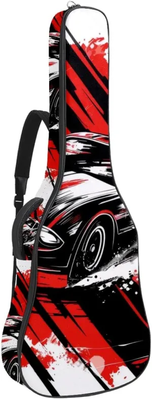 Acoustic Guitar Bag 1 cm Thick Padding, Waterproof Oxford Cloth Guitar Bag Backpack for 40-42 Inch Electric Bass Classical Guitars, Speeding Racing Car with Checkered Flag Art Pattern