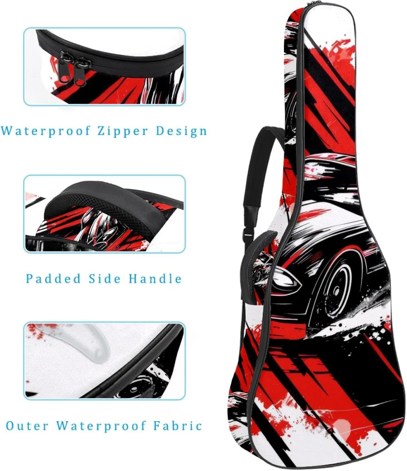 Acoustic Guitar Bag 1 cm Thick Padding, Waterproof Oxford Cloth Guitar Bag Backpack for 40-42 Inch Electric Bass Classical Guitars, Speeding Racing Car with Checkered Flag Art Pattern