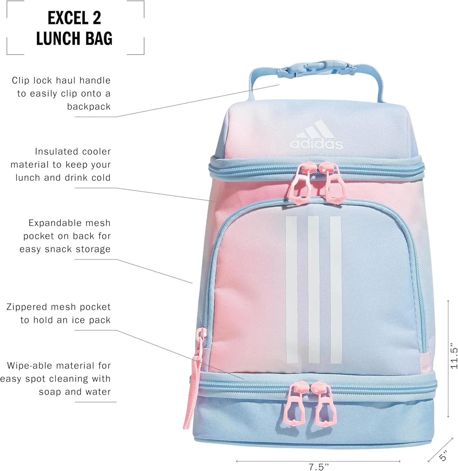 adidas Excel Bags, Cooler with Zipper, Pocket for Ice Pack, and Clip, Temperature Control Insulation, Lunch Dazed Gradient Clear Sky/Clear Sky Blue/Pink Spark, One Size