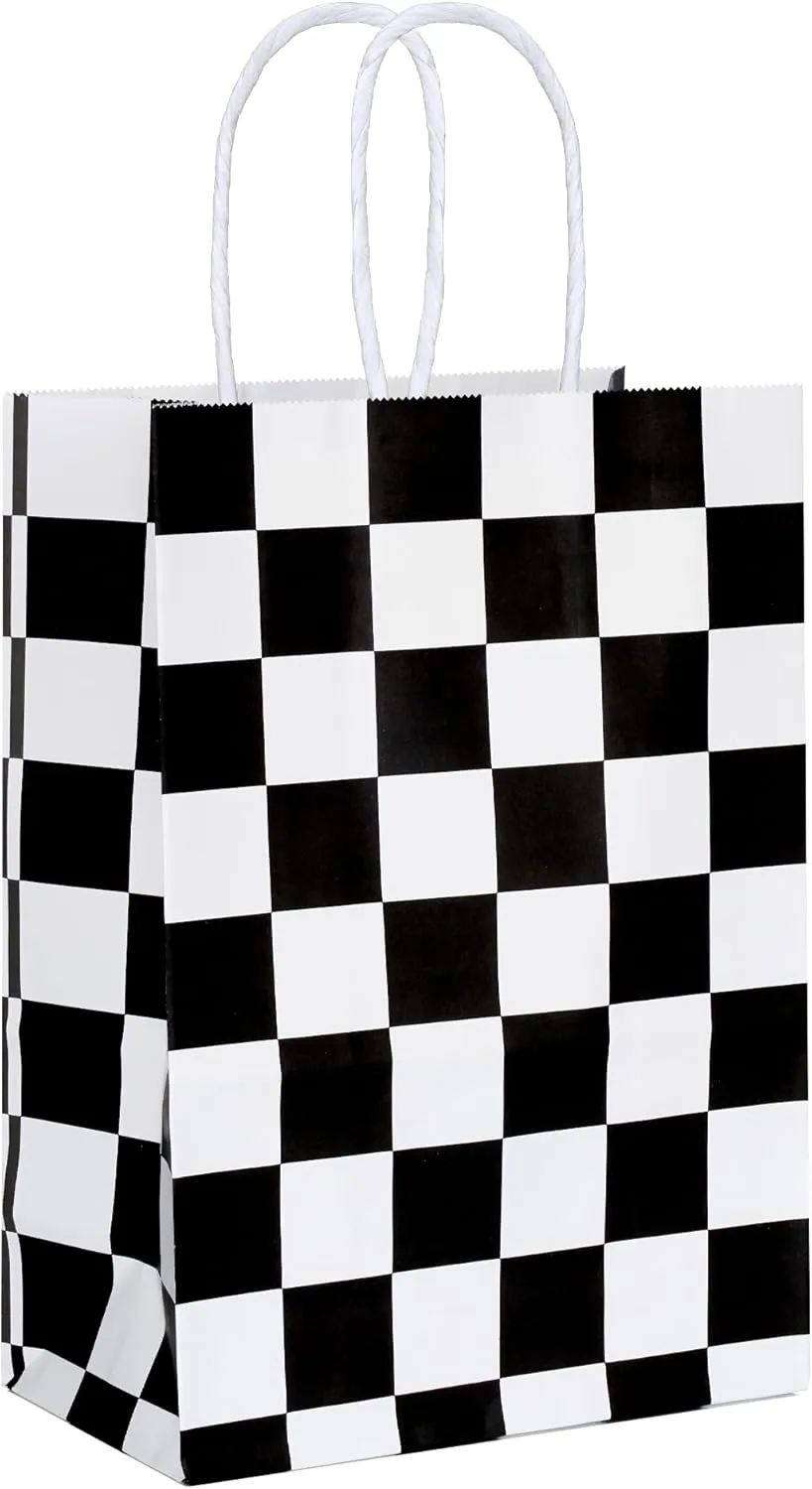 ADIDO EVA Black and White Checkered Gift Bags Checkered Racing Treat Bags Race Car Party Favors Bag with Handles 25Pcs (8.2 x 6 x 3.1 In)