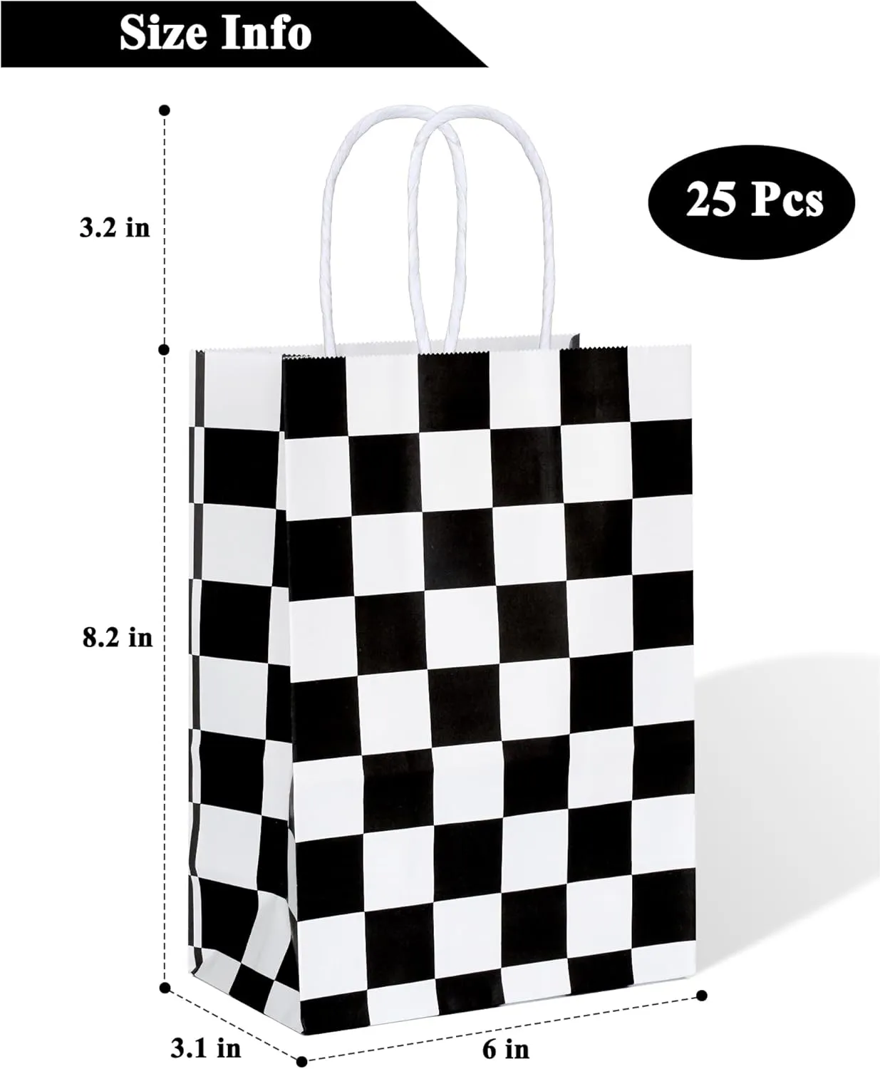 ADIDO EVA Black and White Checkered Gift Bags Checkered Racing Treat Bags Race Car Party Favors Bag with Handles 25Pcs (8.2 x 6 x 3.1 In)