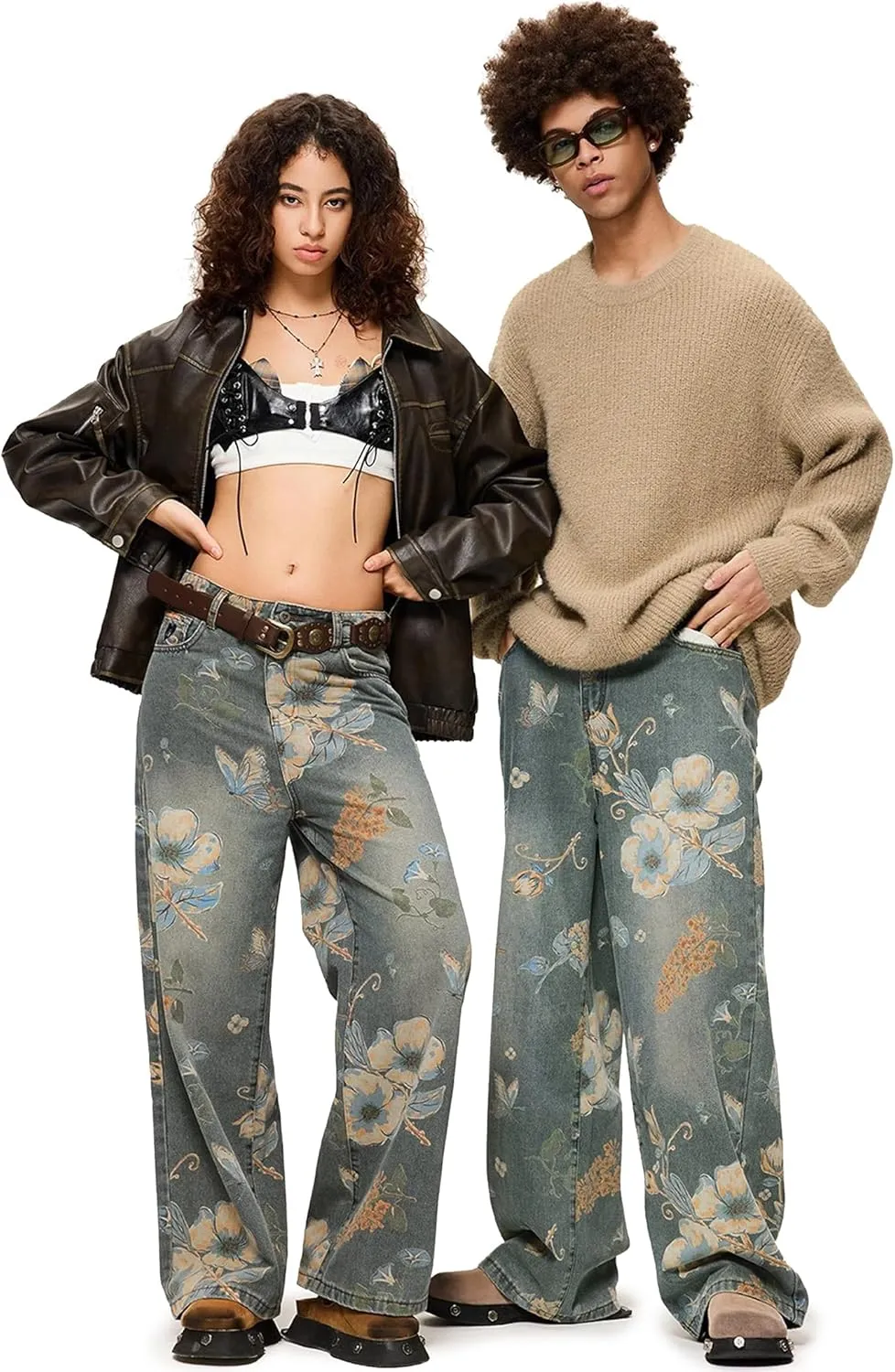 Aelfric Eden Plant Flower Print Baggy Jeans Men Harajuku Wide Leg Jeans Y2k Hip Hop Boyfriend Denim Pants