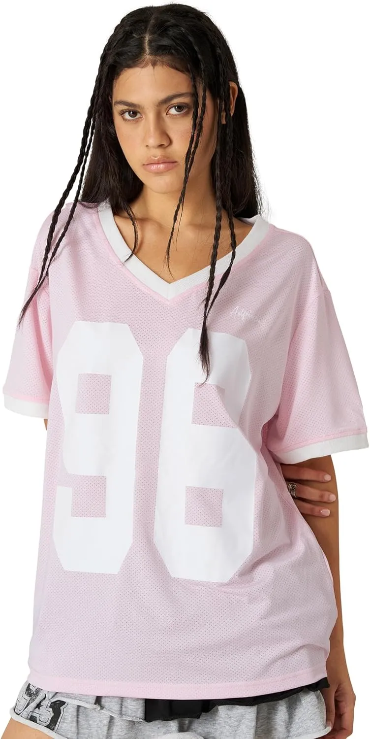 Aelfric Eden Womens Jersey Tshirts Letter Printed Tees V Neck Mesh Short Sleeve 2025 Y2k Summer Casual Tops Clothes