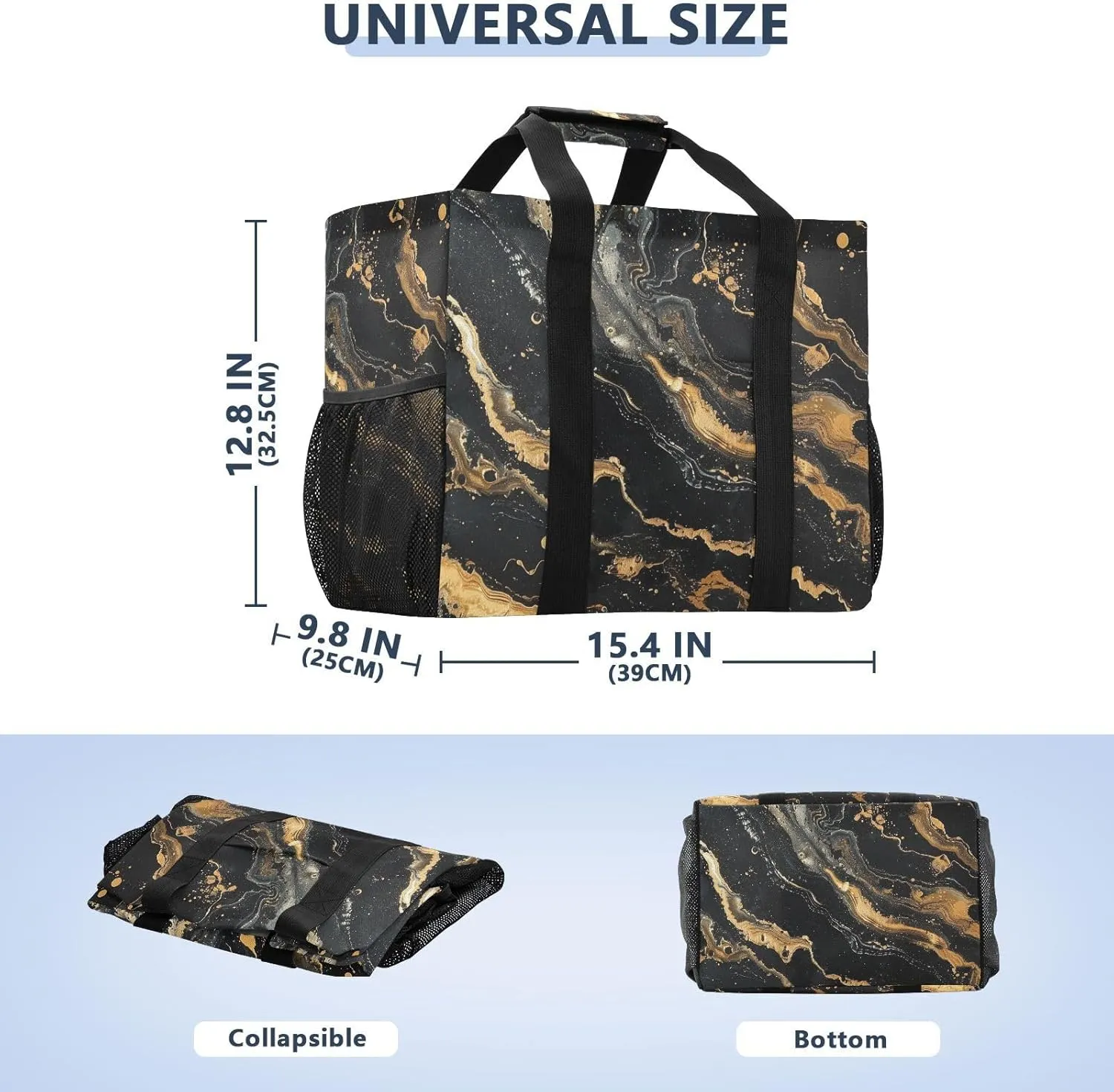 ALAZA Golden Marble on Black Waterproof Beach Tote Bags