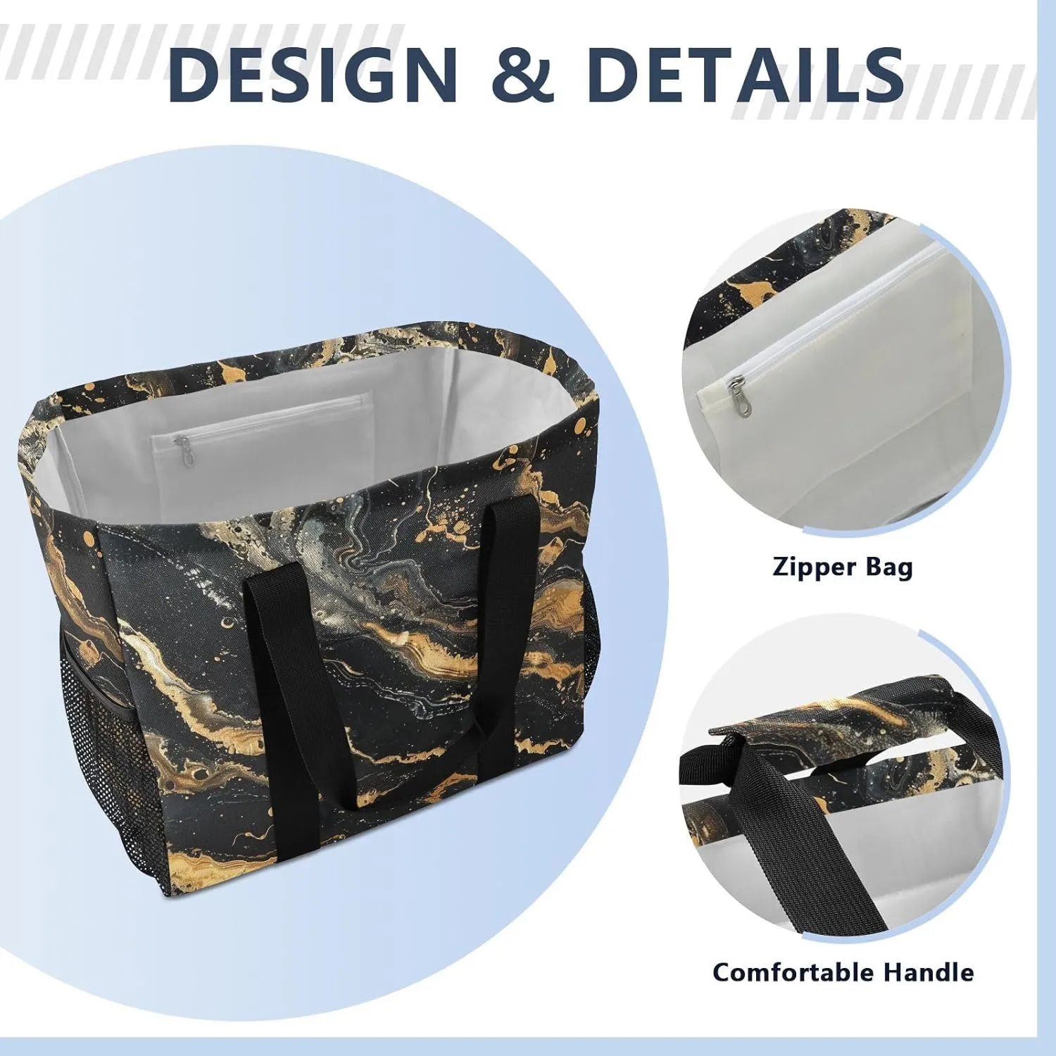 ALAZA Golden Marble on Black Waterproof Beach Tote Bags