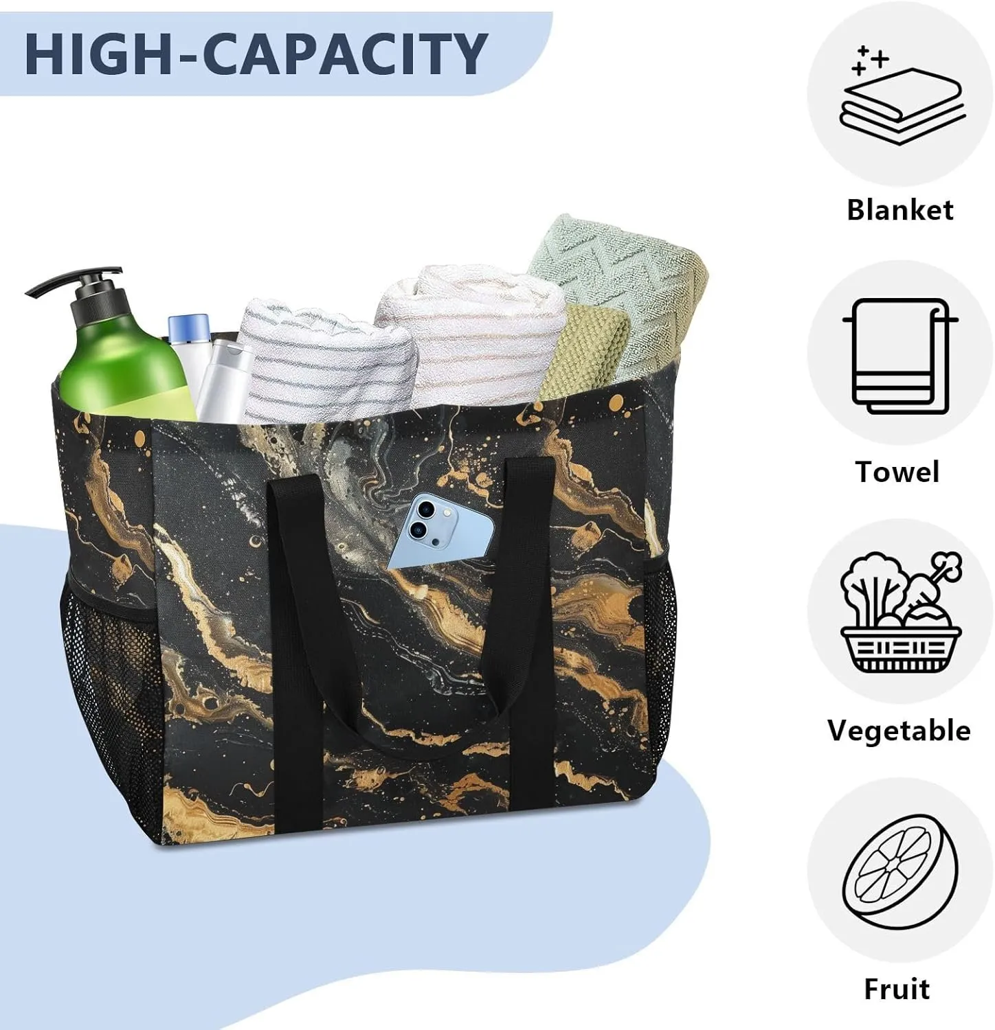 ALAZA Golden Marble on Black Waterproof Beach Tote Bags