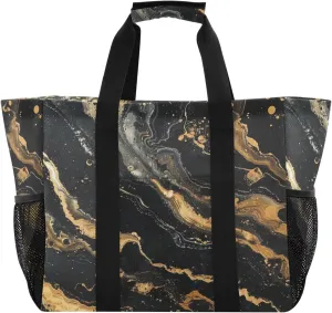 ALAZA Golden Marble on Black Waterproof Beach Tote Bags