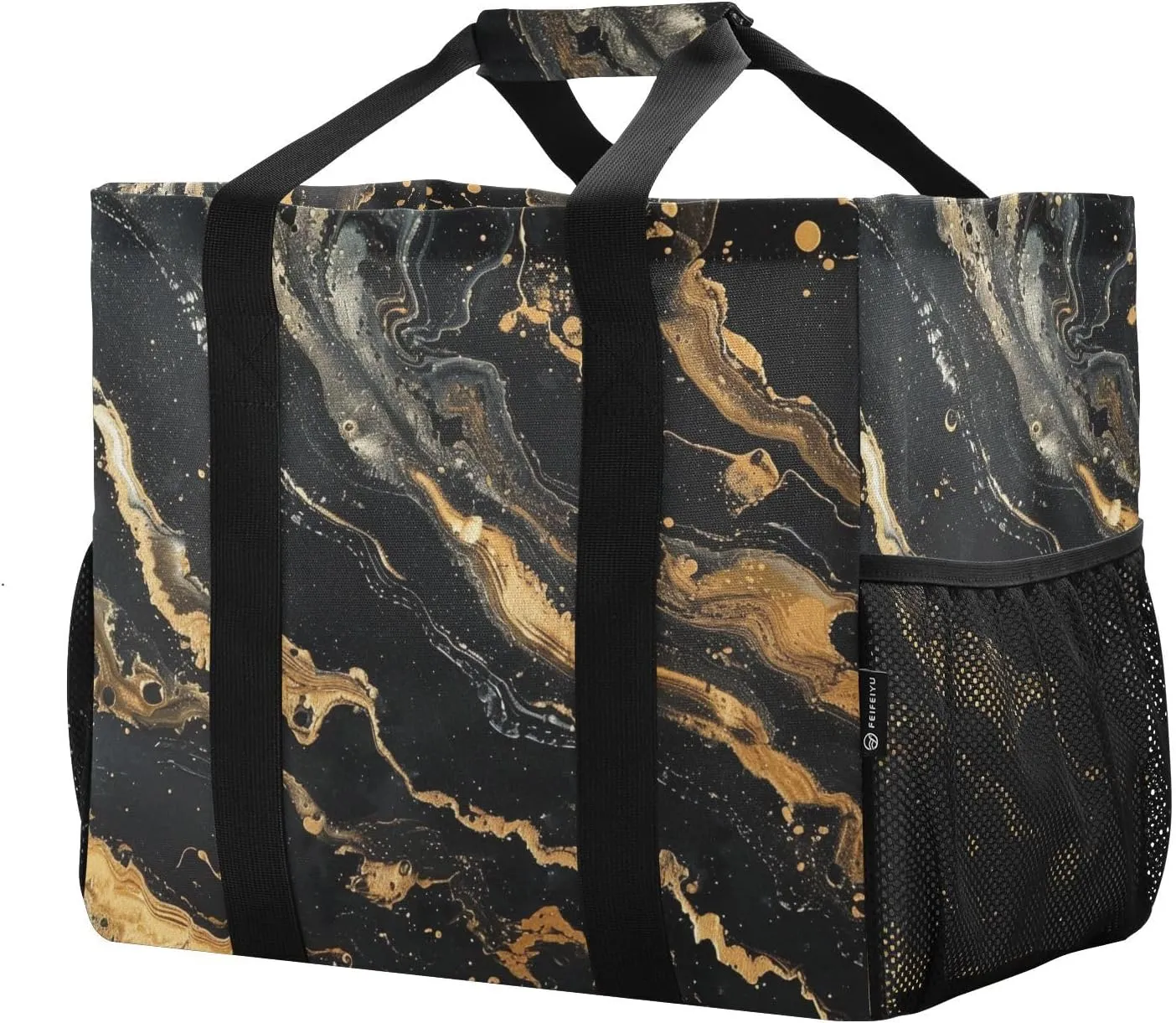 ALAZA Golden Marble on Black Waterproof Beach Tote Bags