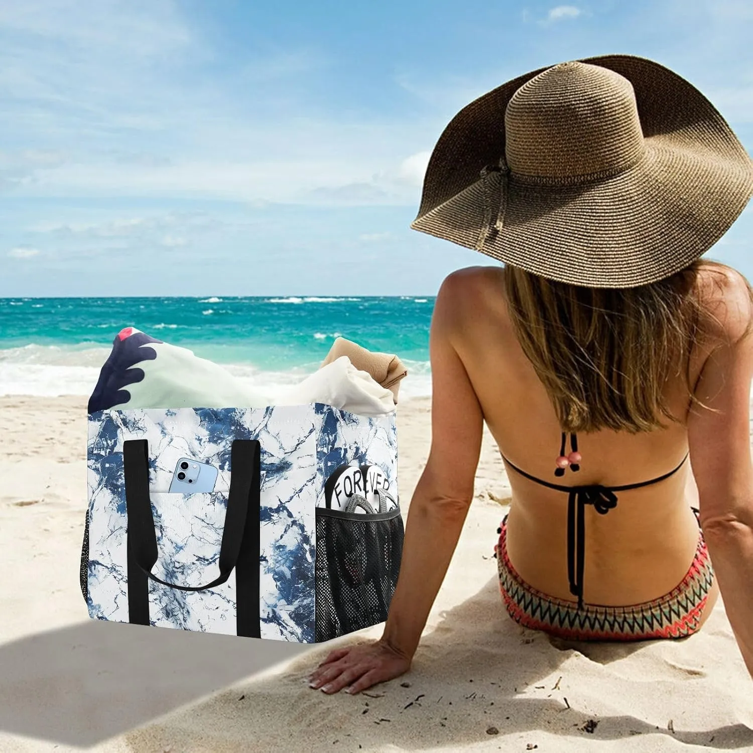 ALAZA Marble Blue White Waterproof Beach Tote Bags