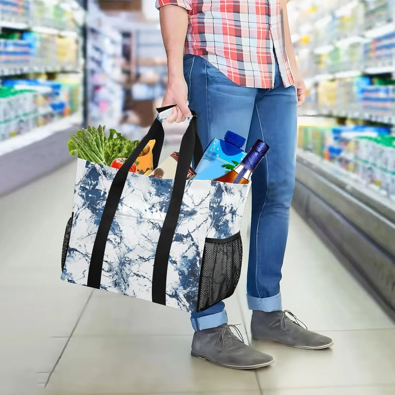 ALAZA Marble Blue White Waterproof Beach Tote Bags