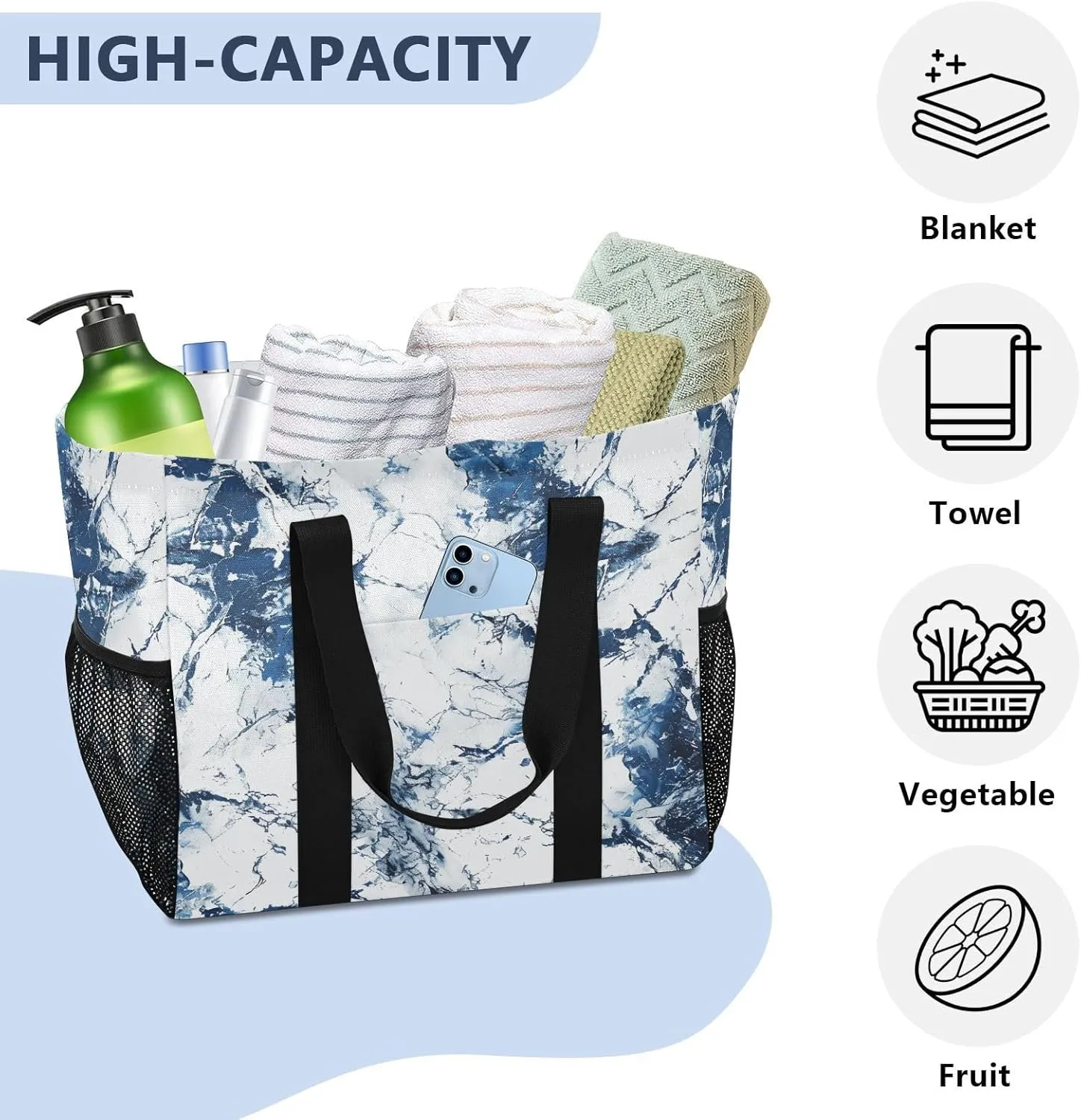 ALAZA Marble Blue White Waterproof Beach Tote Bags