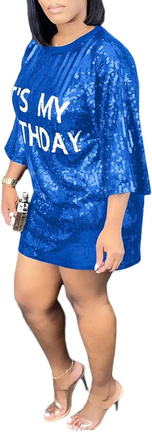 ALLUMK Women Sexy Glitter Sequin Shirts Dress Letter Graphic Print Half Sleeve Party Club Short Dress