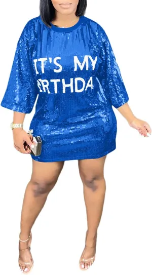 ALLUMK Women Sexy Glitter Sequin Shirts Dress Letter Graphic Print Half Sleeve Party Club Short Dress