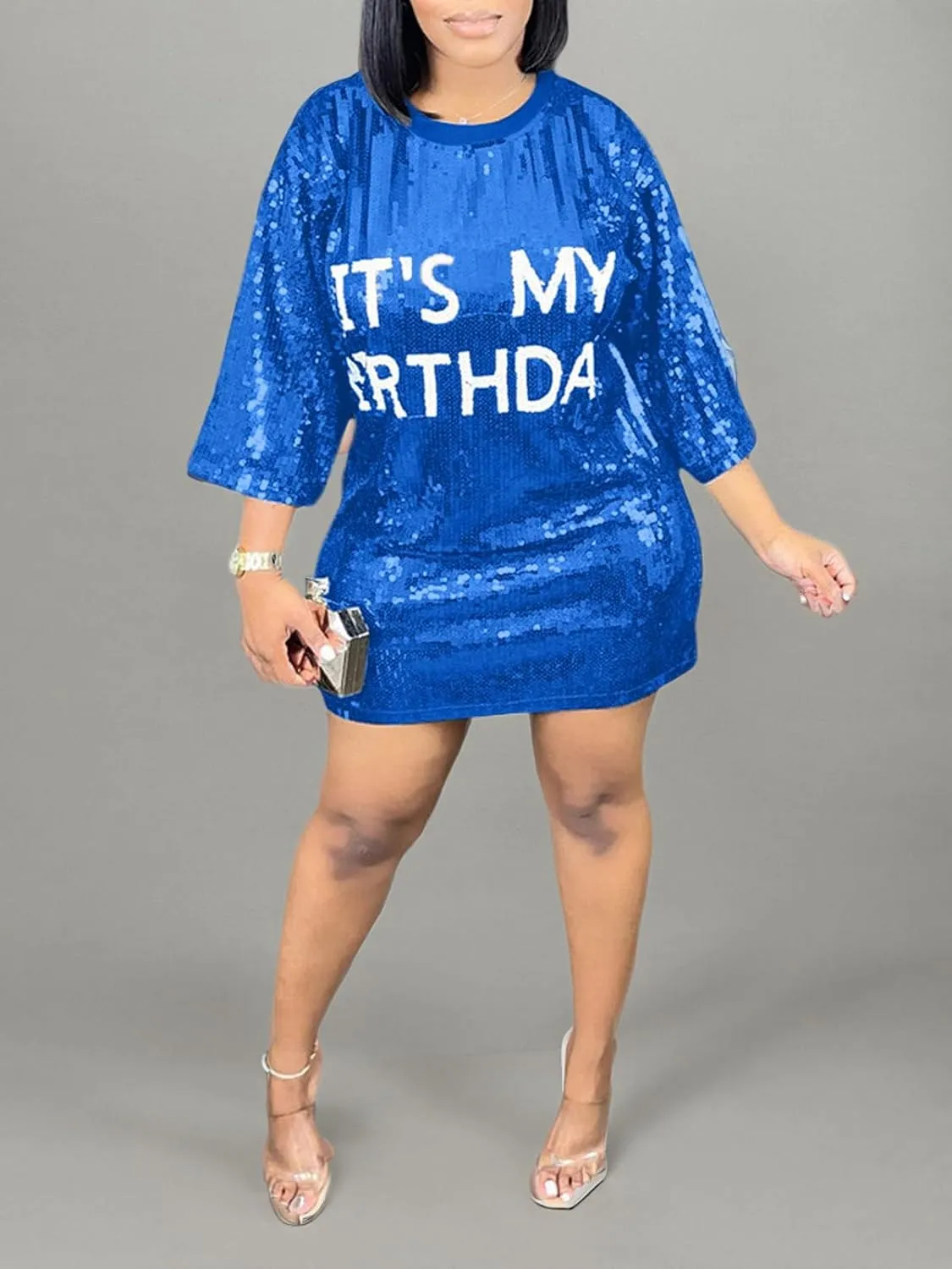 ALLUMK Women Sexy Glitter Sequin Shirts Dress Letter Graphic Print Half Sleeve Party Club Short Dress