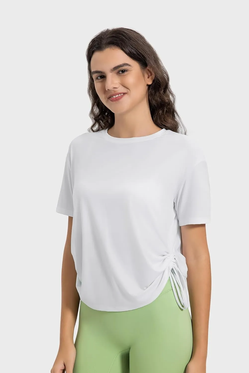 altiland Drawstring Side Ruched Workout T Shirt for Woman, Quick Dry Athletic Tee Yoga Exercise Running Tops Loose Fit