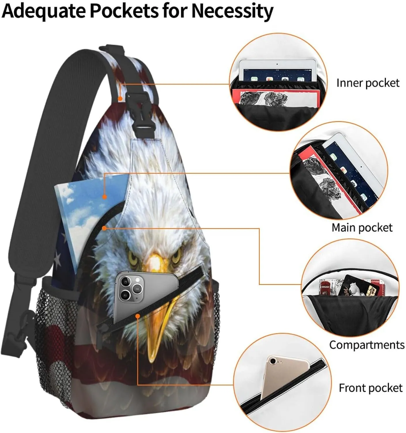American Flag Bald Eagle Sling Backpack For Men Women Chest Bag Crossbody Shoulder Bag Gym Cycling Travel Hiking Daypack