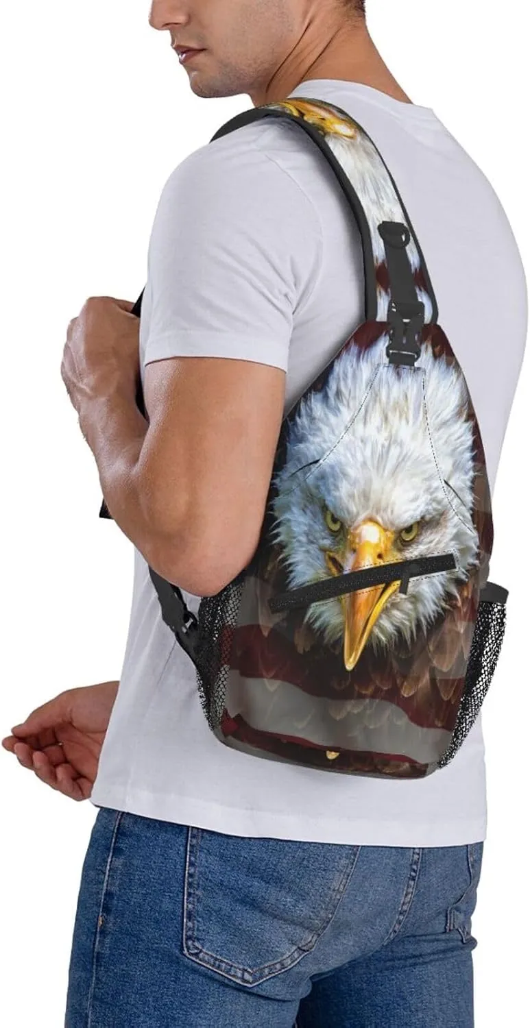 American Flag Bald Eagle Sling Backpack For Men Women Chest Bag Crossbody Shoulder Bag Gym Cycling Travel Hiking Daypack