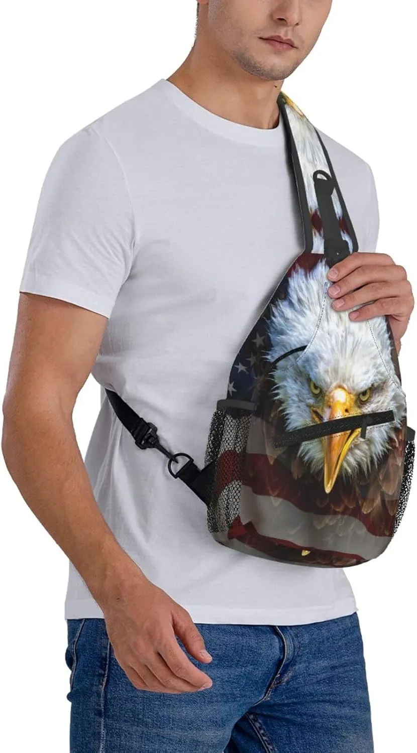 American Flag Bald Eagle Sling Backpack For Men Women Chest Bag Crossbody Shoulder Bag Gym Cycling Travel Hiking Daypack