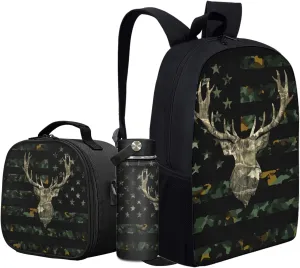American Flag Kids Backpack 3 in 1 Set for Boys Deer School Bag,Forest Camo Bookbag for Age 5-9 Children Patriotic Book Bags for Girls Back to School Gifts