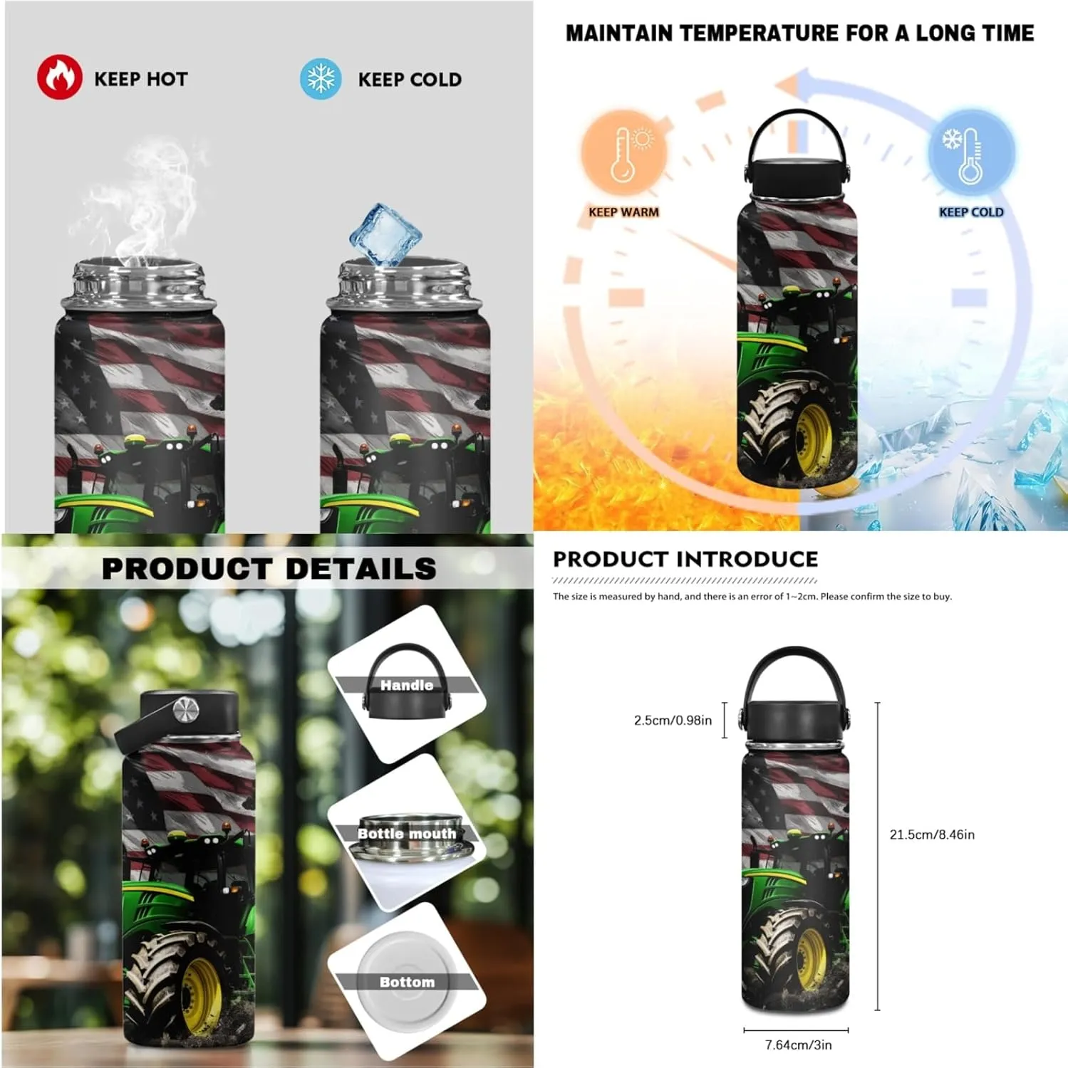 American Flag Kids Backpack 3 in 1 Set for Boys Tractor Bookbag,Black School Bag for Elementary Children Patriotic Book Bags with Lunch Box Water Bottle for Girls