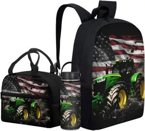 American Flag Kids Backpack 3 in 1 Set for Boys Tractor Bookbag,Black School Bag for Elementary Children Patriotic Book Bags with Lunch Box Water Bottle for Girls