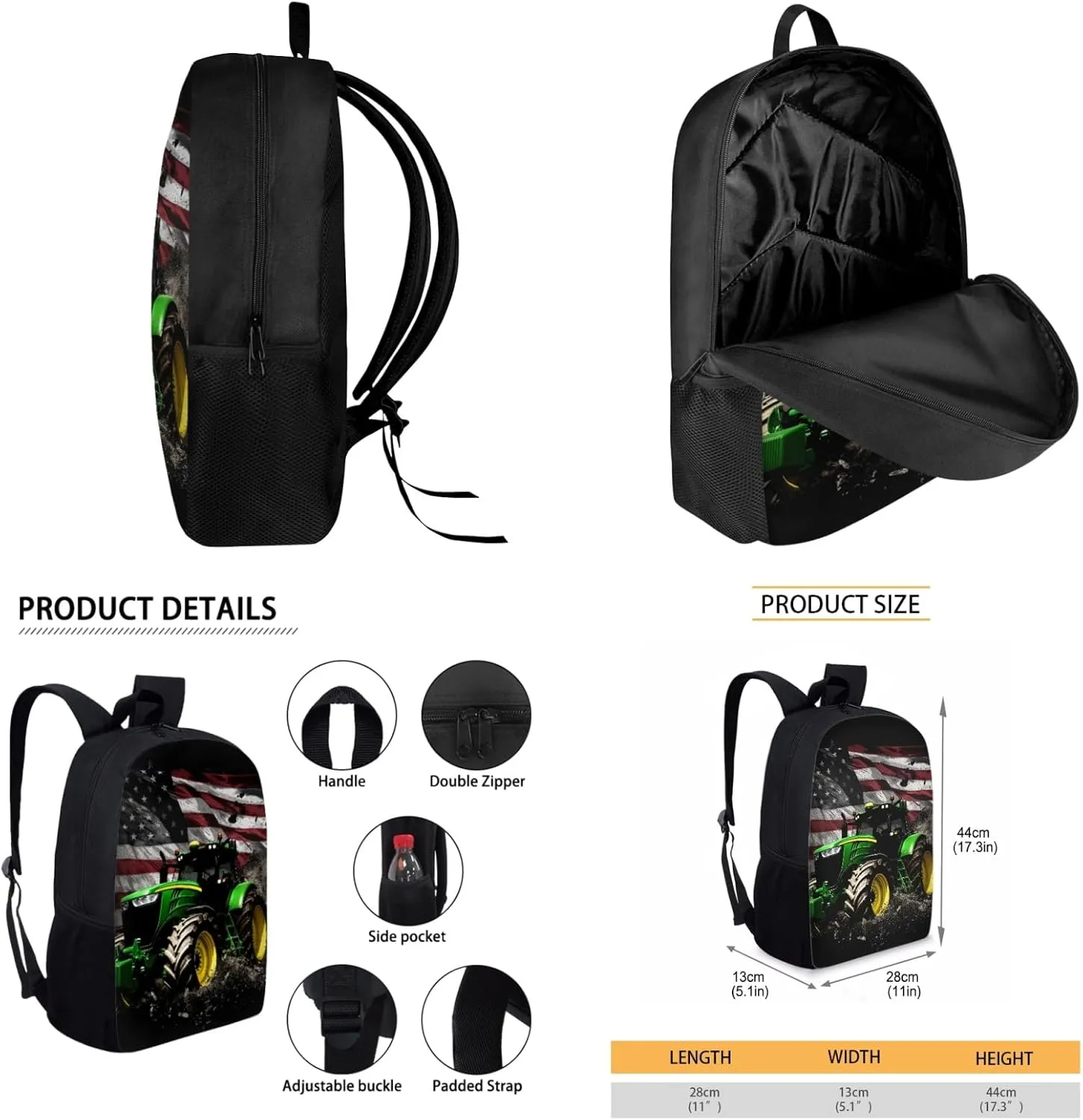 American Flag Kids Backpack 3 in 1 Set for Boys Tractor Bookbag,Black School Bag for Elementary Children Patriotic Book Bags with Lunch Box Water Bottle for Girls